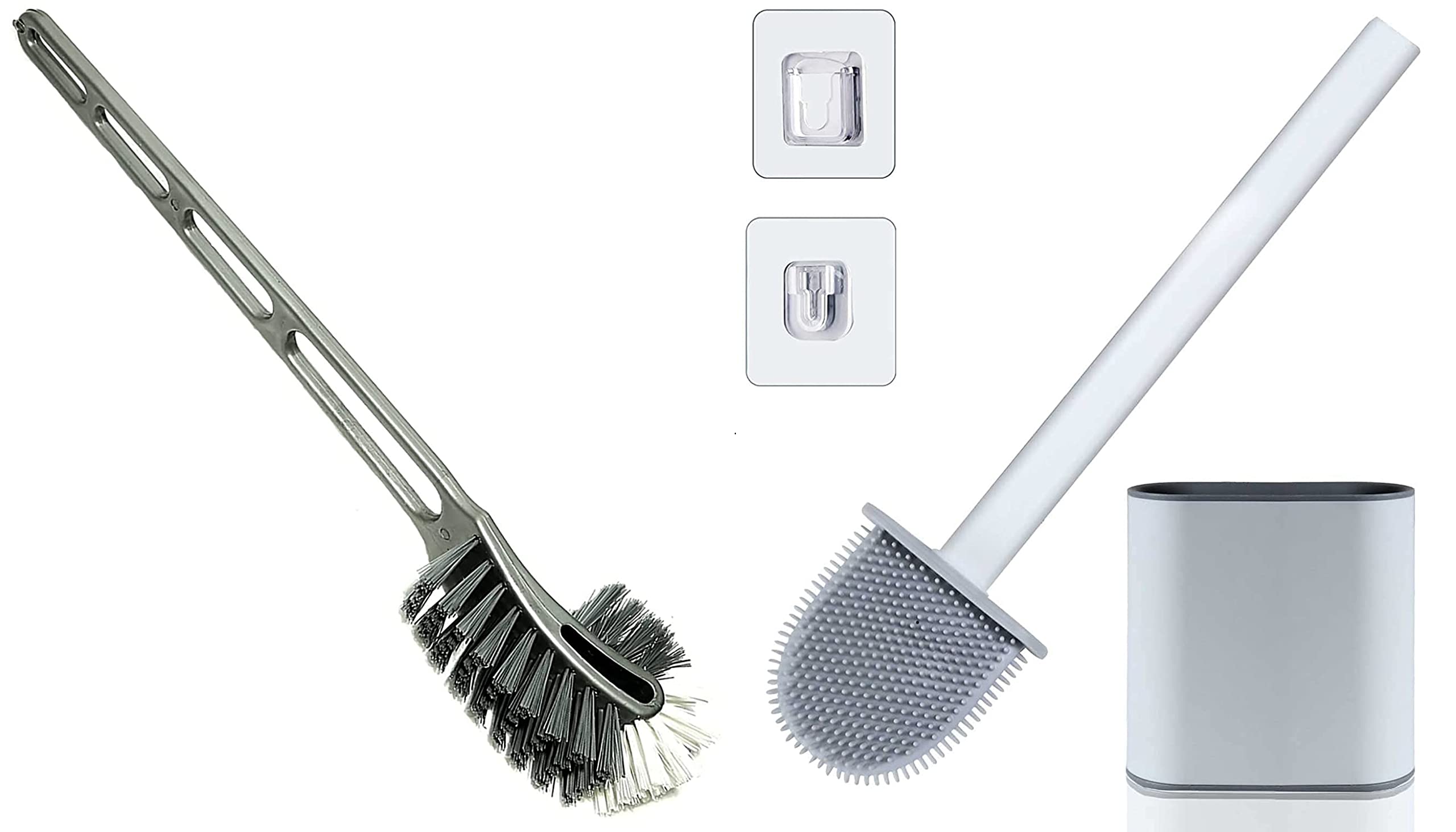 Silicon Toilet Brush with Wall Mounting Sticker Slim Holder Set Toilet Bowl Cleaner Brush I Double Sided Flexible Toilet Brush in Hockey Design for Western and Indian Toilet Cleaning (Combo Pack)