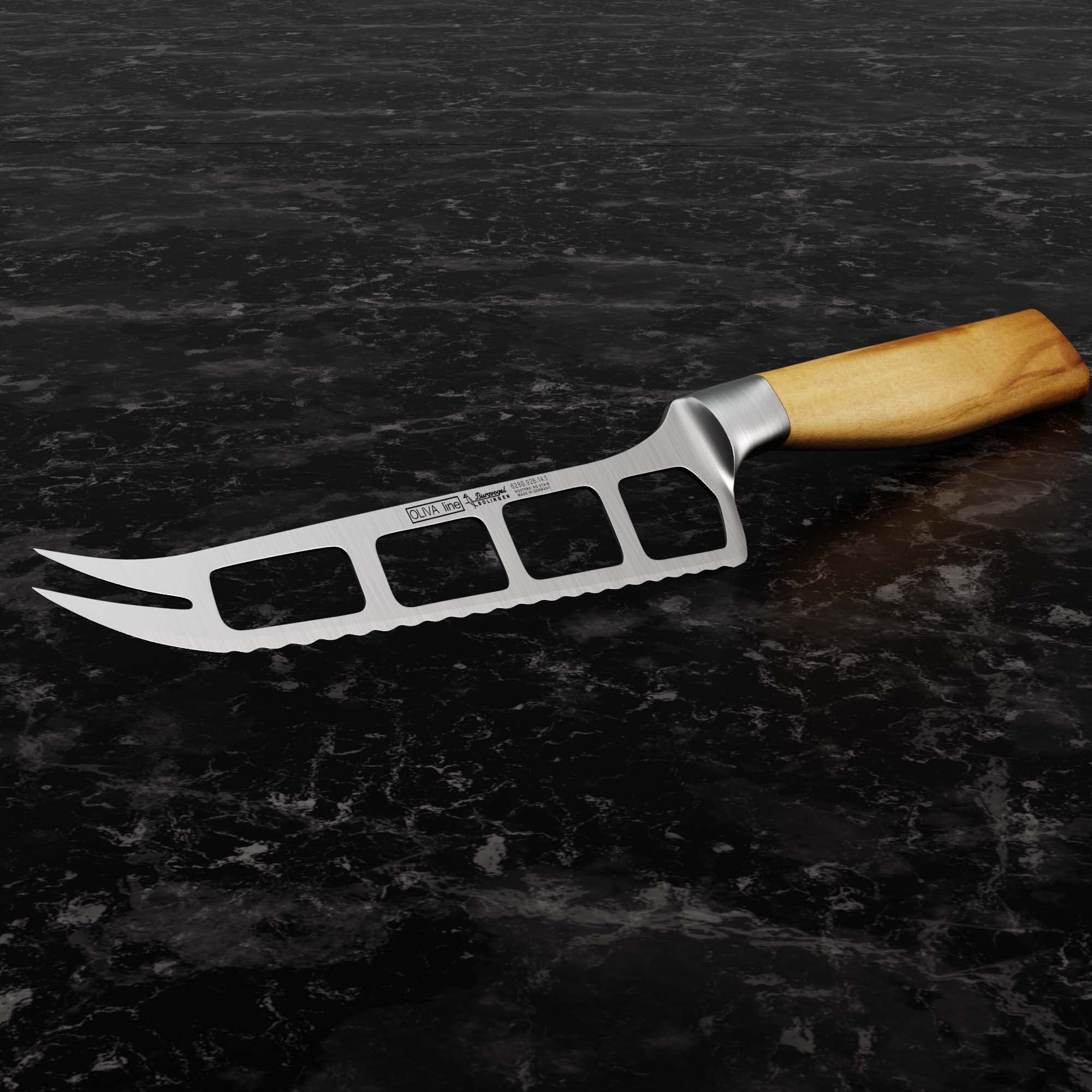 Burgvogel Solingen Käsemesser 14 cm geschmiedet Olivenholz, Oliva Line, Rillenwelleschliff, rostfrei, hell, scharf, 6280.926.14.1, braun beige