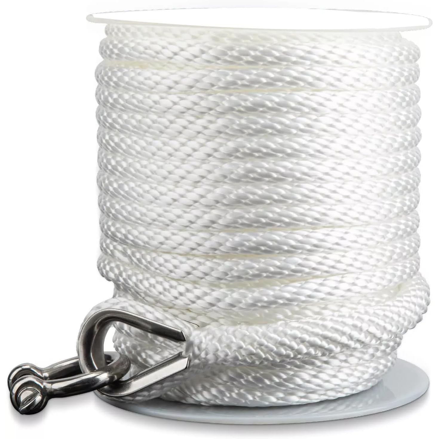 CAPTAIN Premium Solid Braid MFP Anchor Line - 3/8" x 100' with Stainless Steel Thimble & Shackle - Durable Marine Grade Nylon Rope for Boats (White)