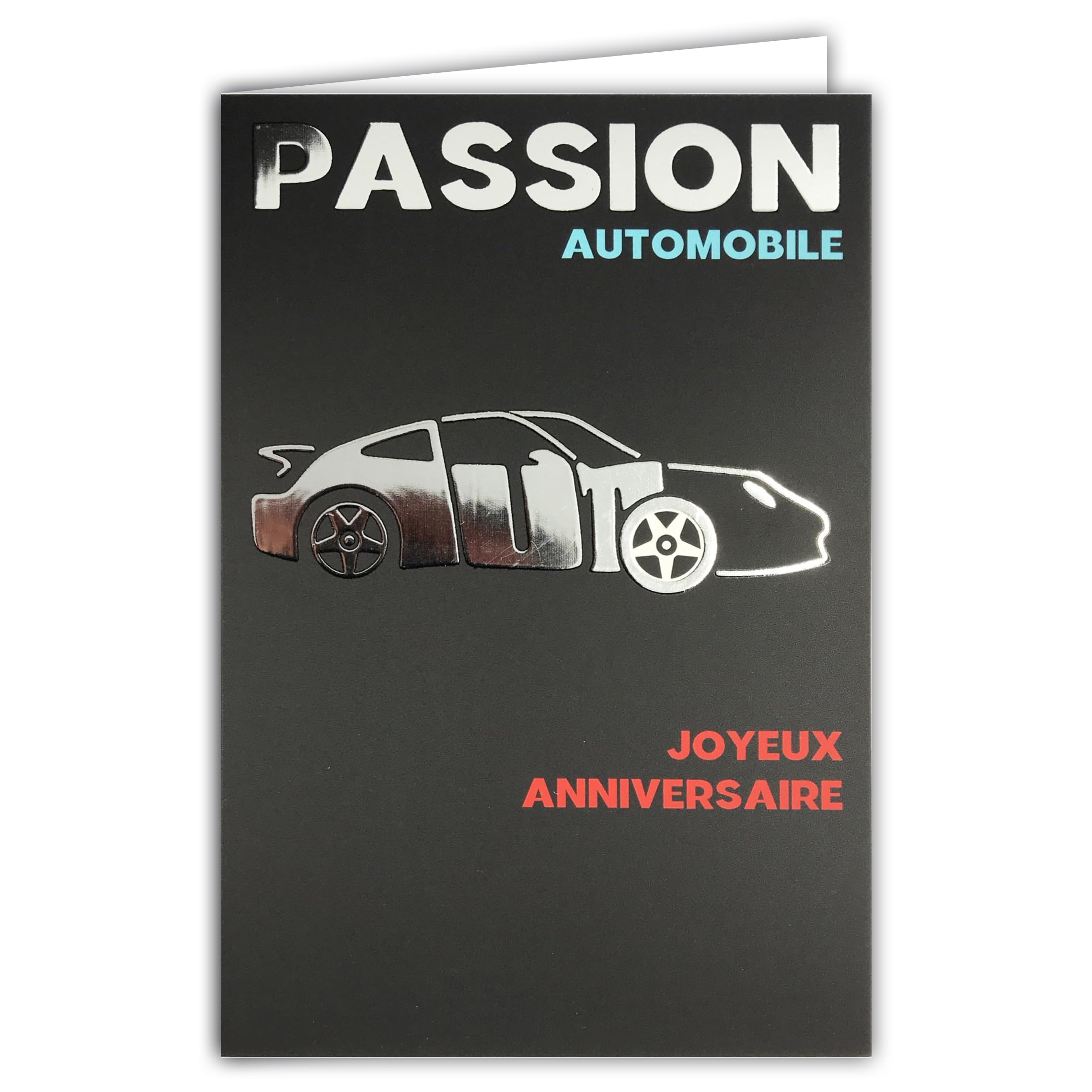69-9016 Happy Birthday Card + Envelope 12 x 17.5 cm Car Word Shiny Silver Silhouette in the Shape of a German Sports Car for Enthusiasts – Creation Print Made in France