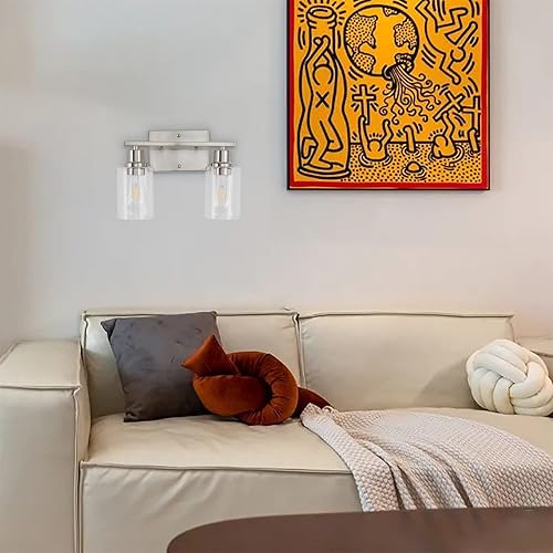 Miniatura 4 de Lámpara de baño de 2 luces, lámpara de tocador de níquel cepillado con pantalla de vidrio transparente, aplique de pared moderno para espejo, baño,