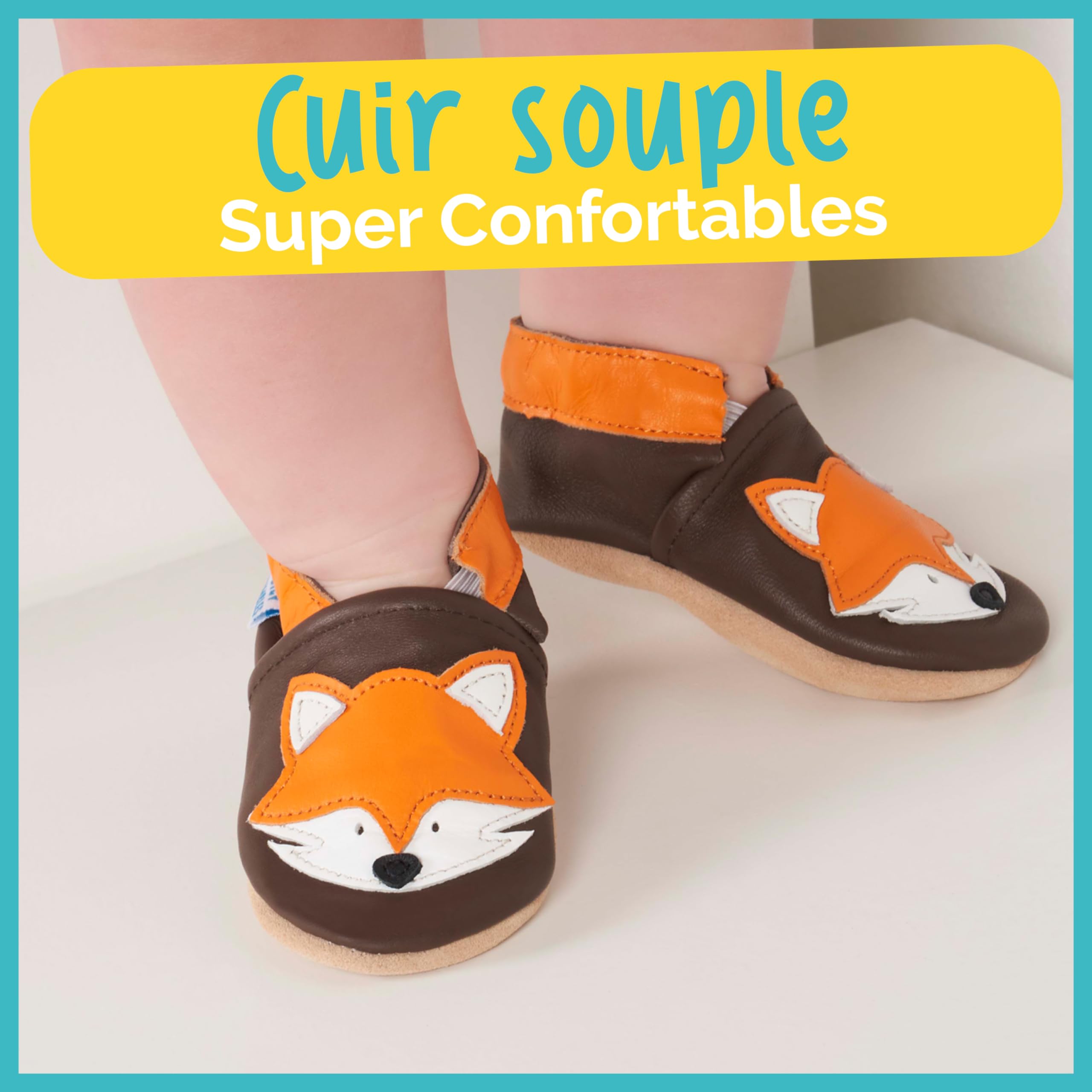 Chaussures pour enfant en cuir souple – Chaussures pour bébé en cuir avec semelle en daim – Chaussures pour premiers pas, pour fille ou garçon, Renard, 18-24 mesi