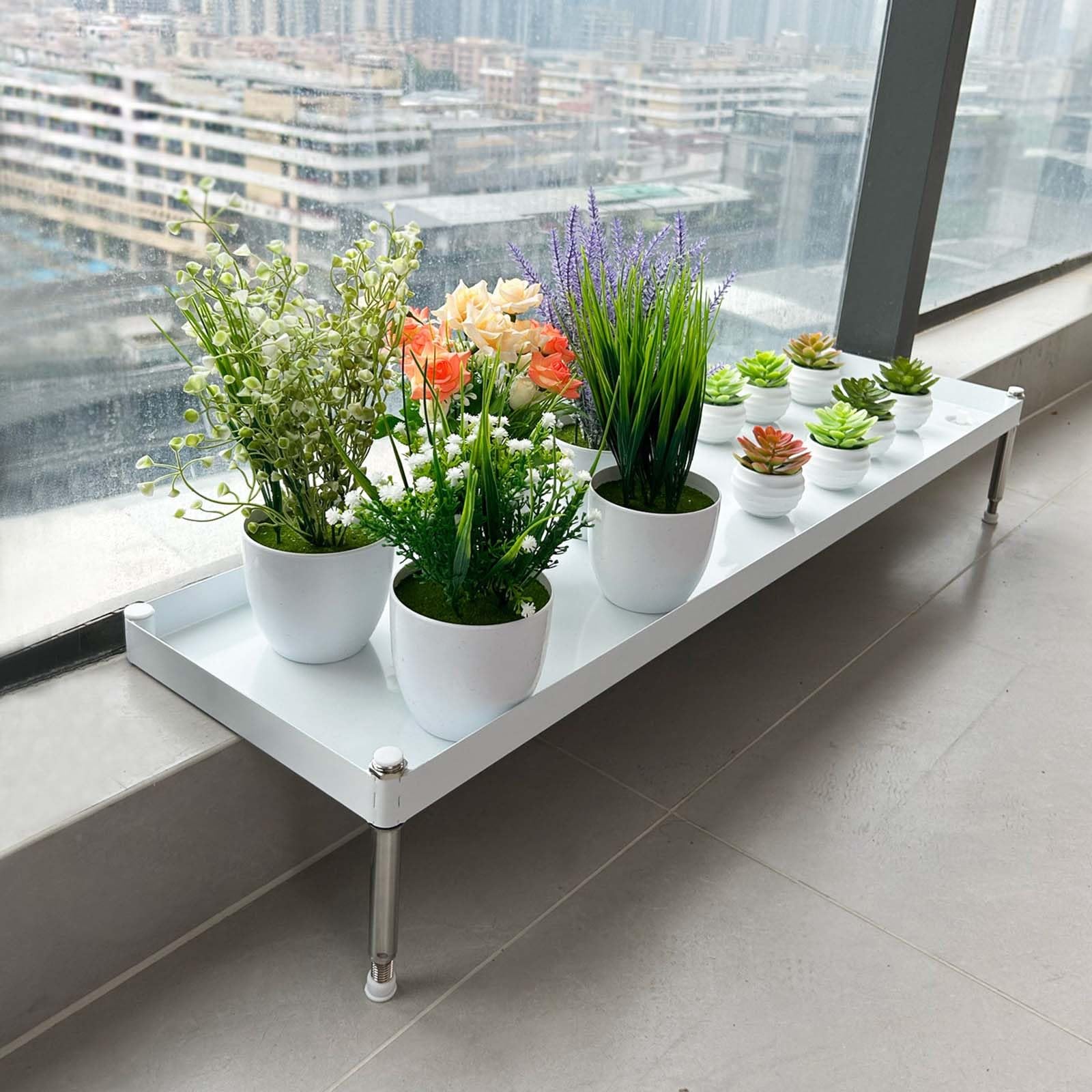 Półka na parapet biały metalowy stojak na rośliny bez otworów, regulowana wysokość parapetu z otworami drenażowymi, uniwersalny stojak na rośliny/ (szer. 60 cm / 19,7 cala, H 4-8,5 cm/1,6″-3,3 cala)