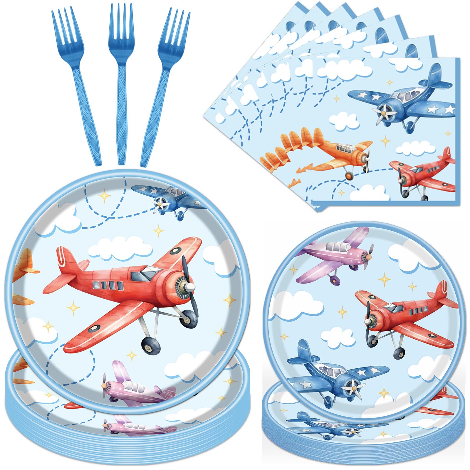 Rakuto Airplane Birthday Tableware Party Decorations, 96PCS Airplane Party Plates Napkins and Forks Supplies, Disposable Cartoon Airplane Baby Shower