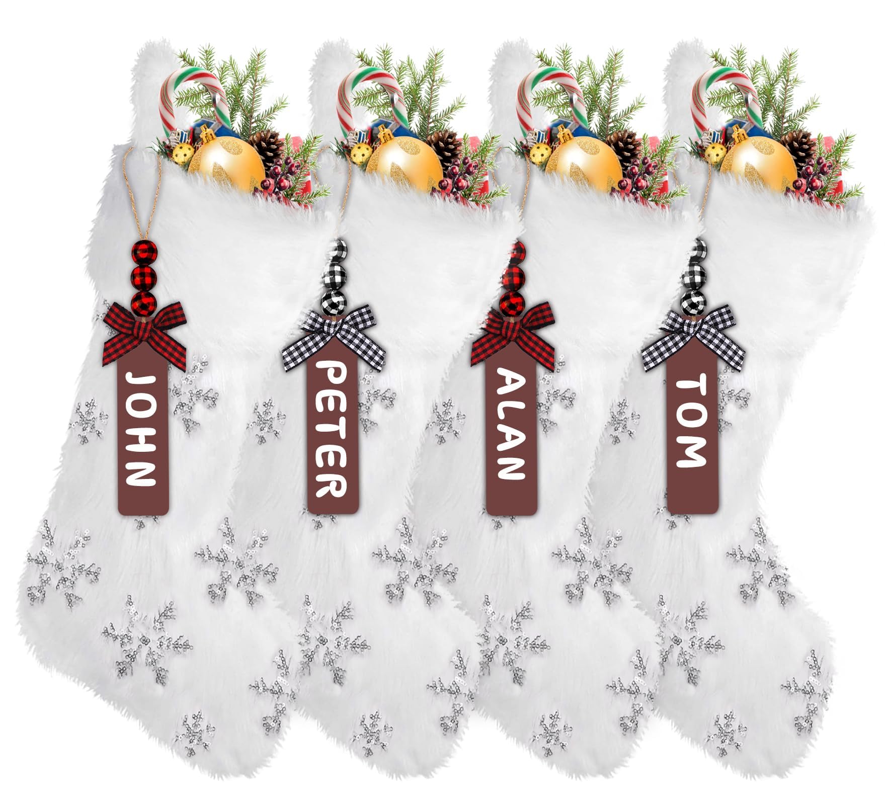 4 Pack Christmas Stockings, White Faux Fur Large Plush Hanging Glitter Snowflake Xmas Stockings for Christmas Fireplace Personalized Decorations Socks