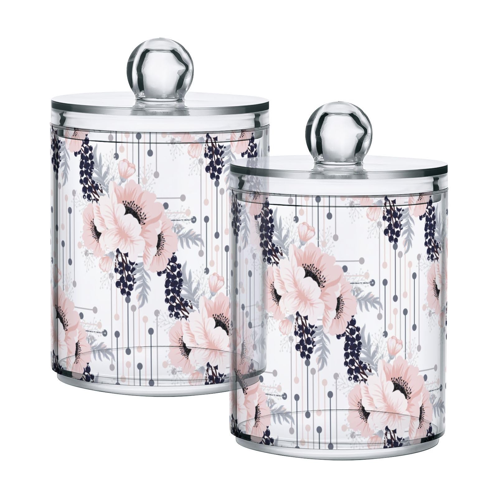 Flowers-pattern Restroom Bathroom Organizers with Lid Qtip Holder Dispenser Apothecary Jars Cotton Balls Pads Swabs Holder Jar 4