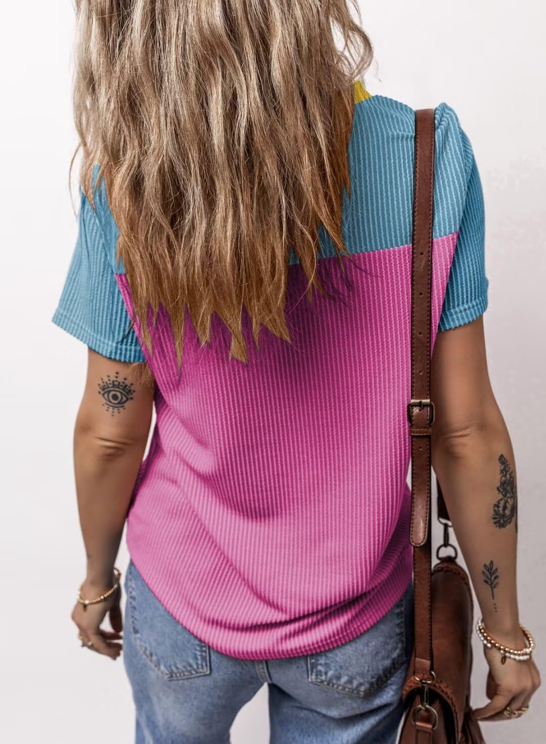 BLENCOT Women Tops Color Block Crewneck Casual Oversized Tshirts Knit Summer Tees Blouse S-2XL - Image 8