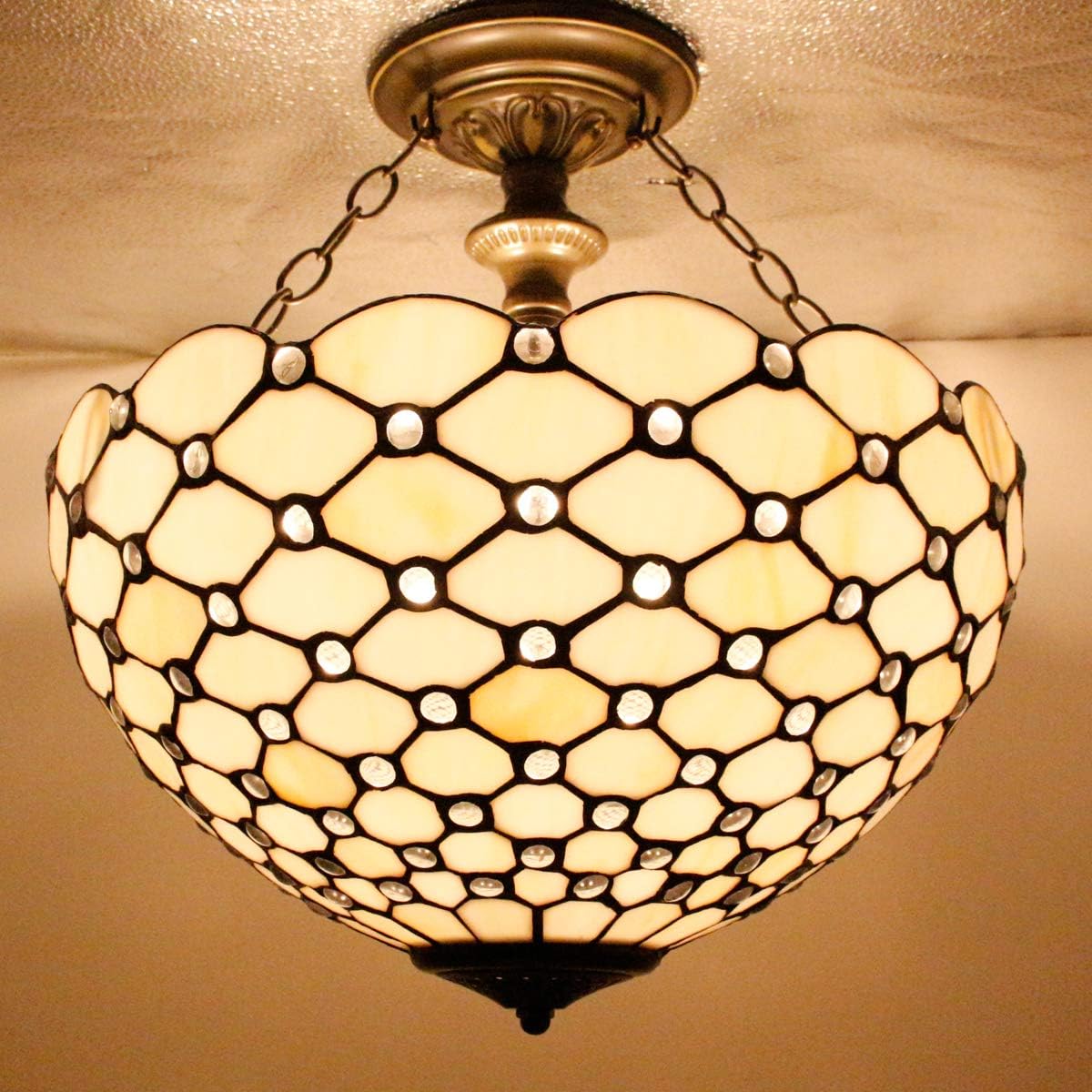 WERFACTORY Tiffany Ceiling Light Fixture Cream Amber Stained Glass Bead Semi Flush Mount Lamp Wide 16 Inch Height 15 Inch Tiffany Ceiling Lamp S005 Series