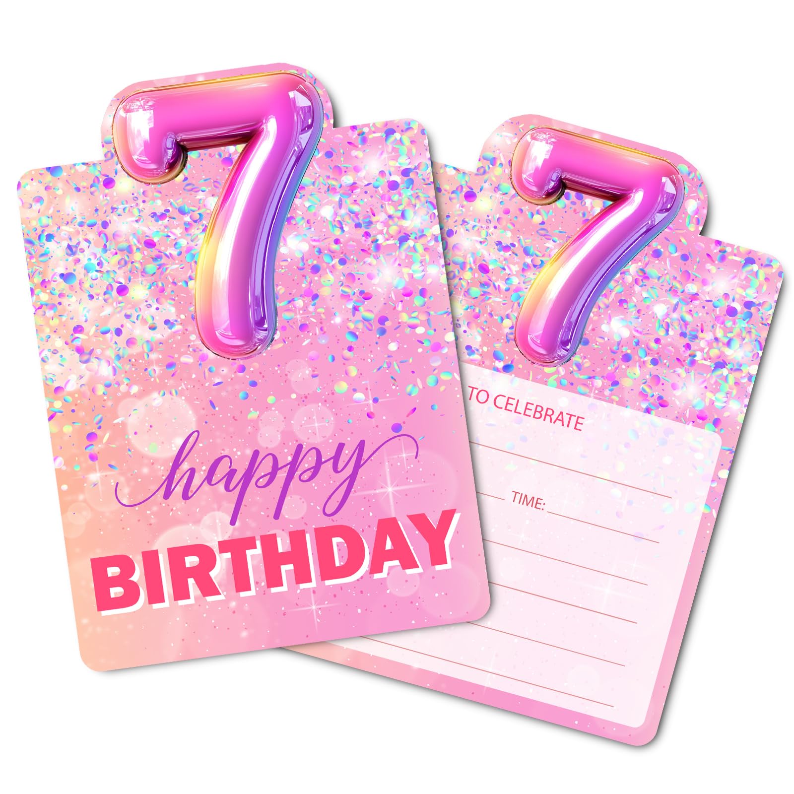 Birthday Invitations, Pink 7th Birthday Invitation Cards with Envelopes (30 PACK), Rainbow Foil Fill-in Invites for Girls Kids Seventh Party Supplies