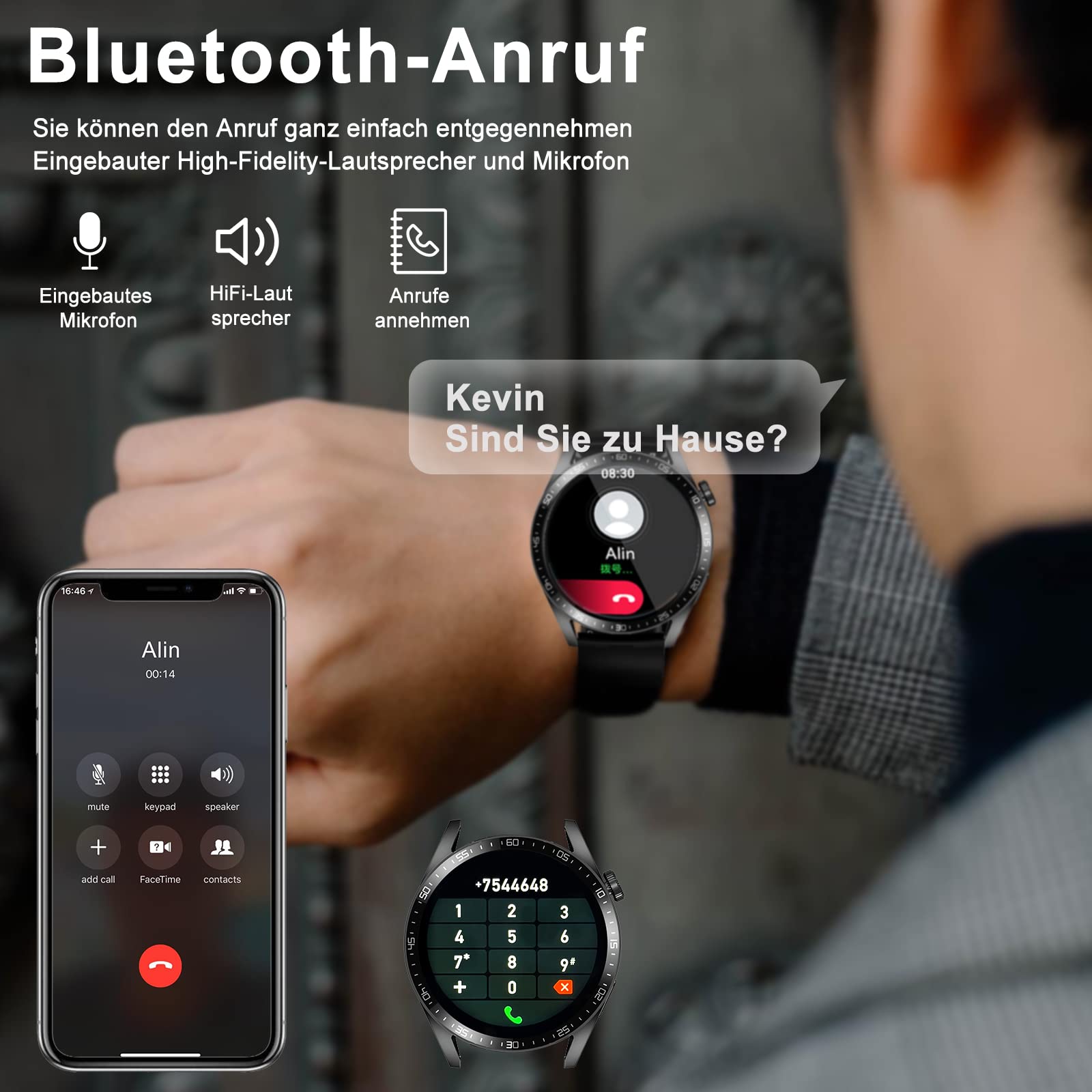 Smartwatch męski z funkcją telefonu, ekran dotykowy 1,32", zegarek sportowy, z asystentem głosowym, wodoszczelność IP67, monitor ciśnienia krwi, kontakty z systemem iOS i Android (czarny)