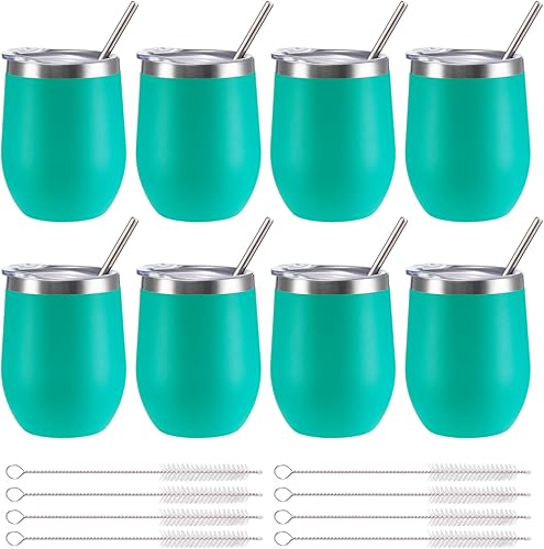 FristChoice Vaso de vino aislado de 12 onzas con tapa y pajita, vaso de vino de acero inoxidable sin tallo de doble pared, vaso de vino al vacío a