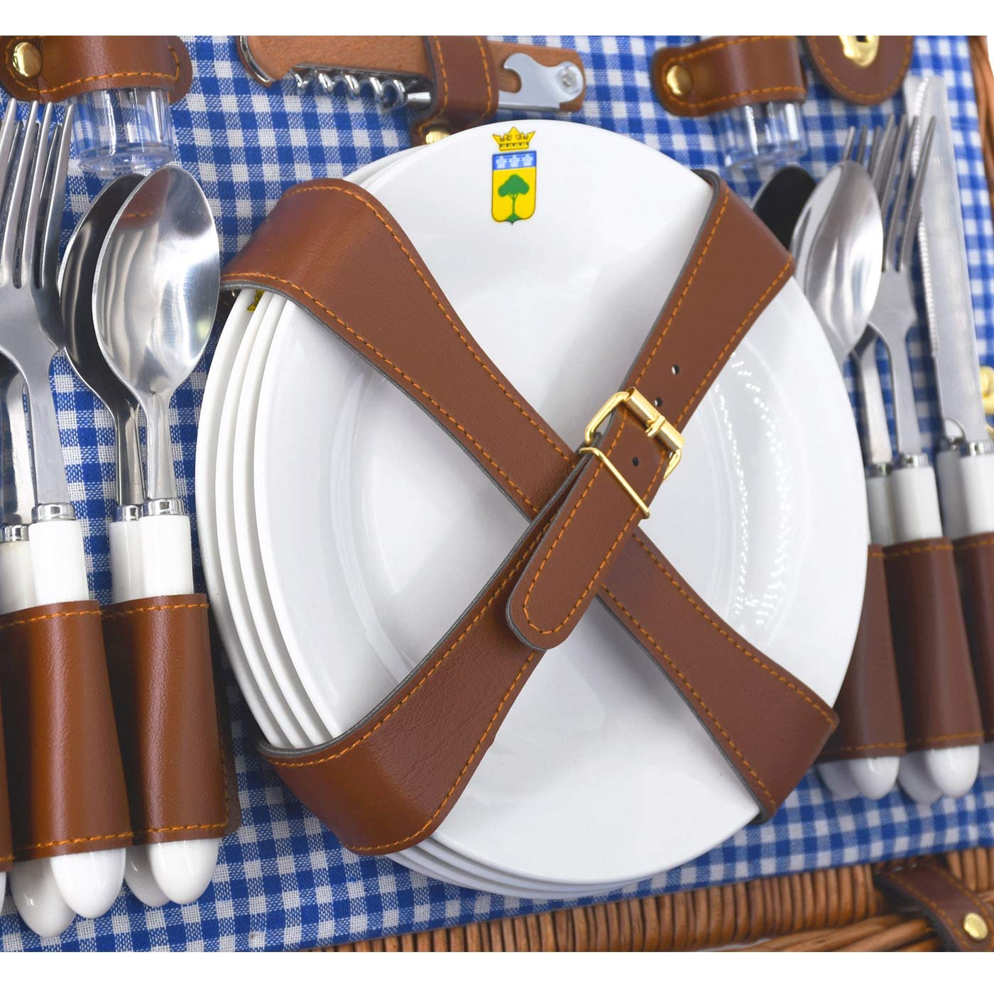 Les Jardins de la Comtesse - Cesto da picnic Marly in tessuto a quadretti blu - Completo- 4 Persone - Scomparto frigo isotermico - Piatti in ceramica e bicchieri da vino in vetro - 46 x 31 x 20 cm