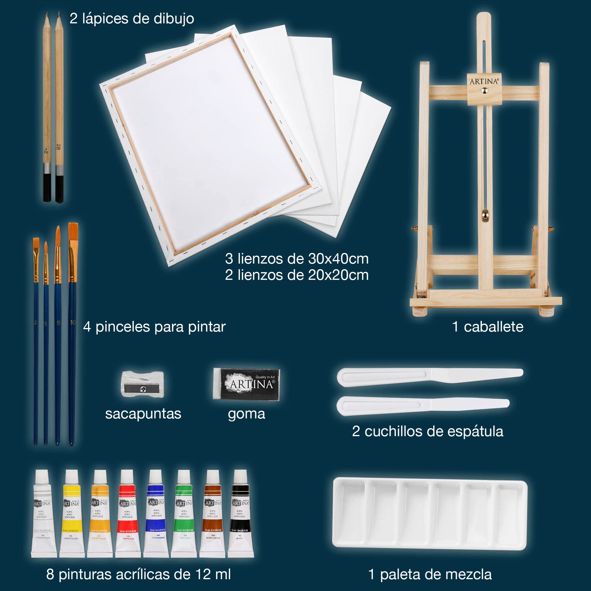 Artina 25 Piezas Kit Pintura con Caballete Pintura Mesa, Maletín Pinturas Acrílicas con Bastidores y Pinceles – Set Pinturas para Niños y Adultos FSC Madera – Regalo di Natale Lisbon