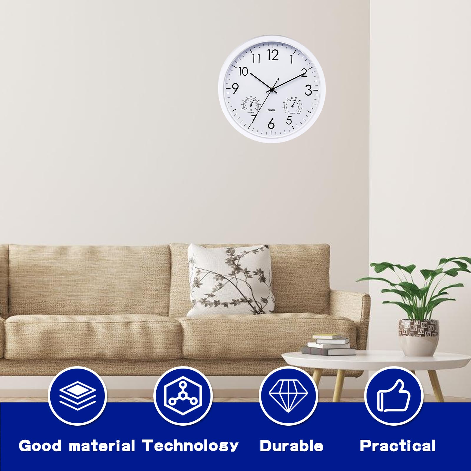 BYZESTY Orologio Da Parete, Orologio Da Giardino, Orologio Da Esterno, Per Interni Ed Esterni, Resistente Alle Intemperie, Con Termometro E Igrometro, Orologio Da Esterno Da 12 Pollici (Bianco)