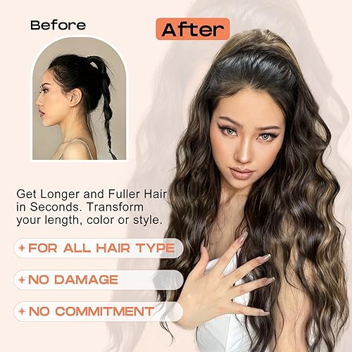 Miniatura 3 de SEIKEA Extensión de cola de caballo de 26 pulgadas, extensiones de cabello sintético suave y natural para mujer, color negro y marrón