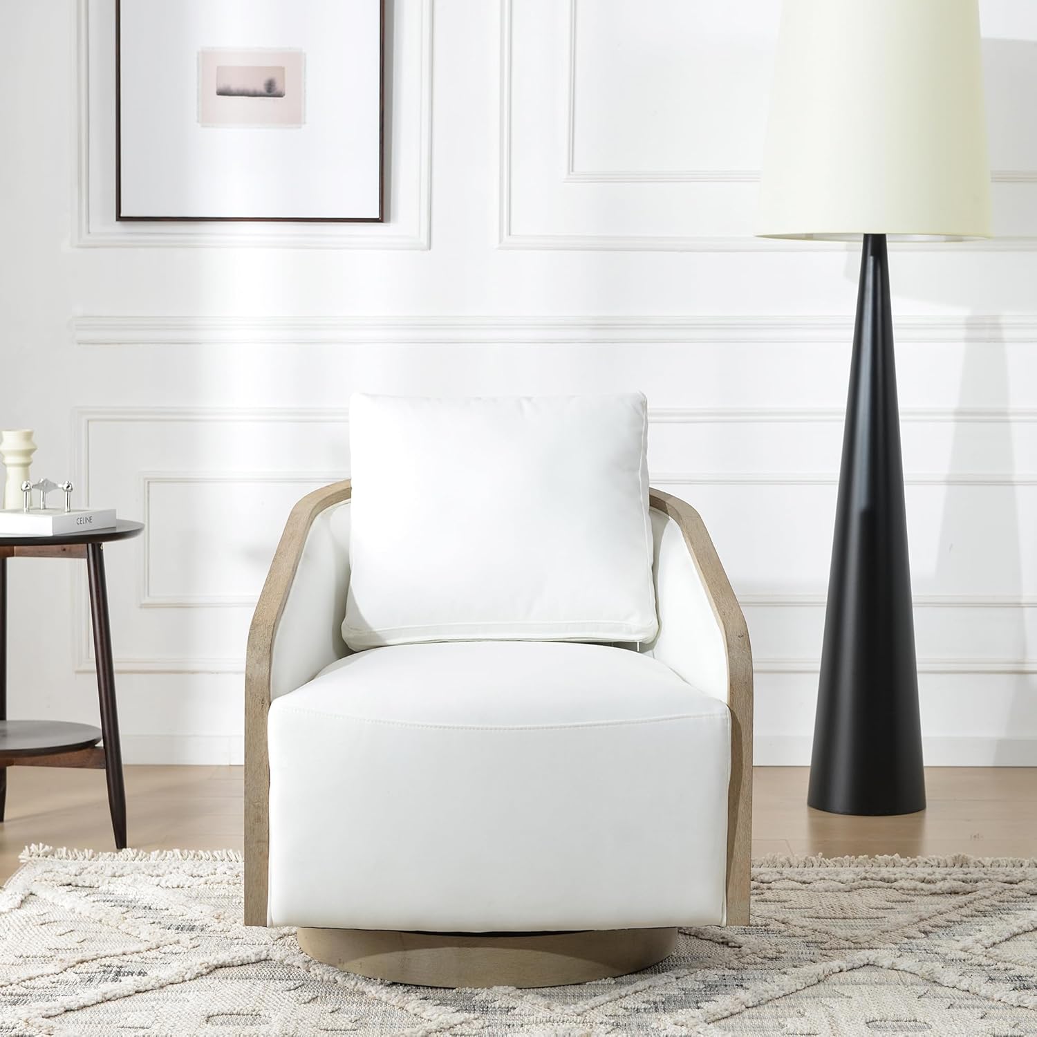 KINWELL 30" Wide Upholstered Swivel Barrel Chair, FSC Certified Fully Assembled Fabric Swivel Accent Armchair with Deep Seat Depth for Living Room, Bedroom (Pearl White)