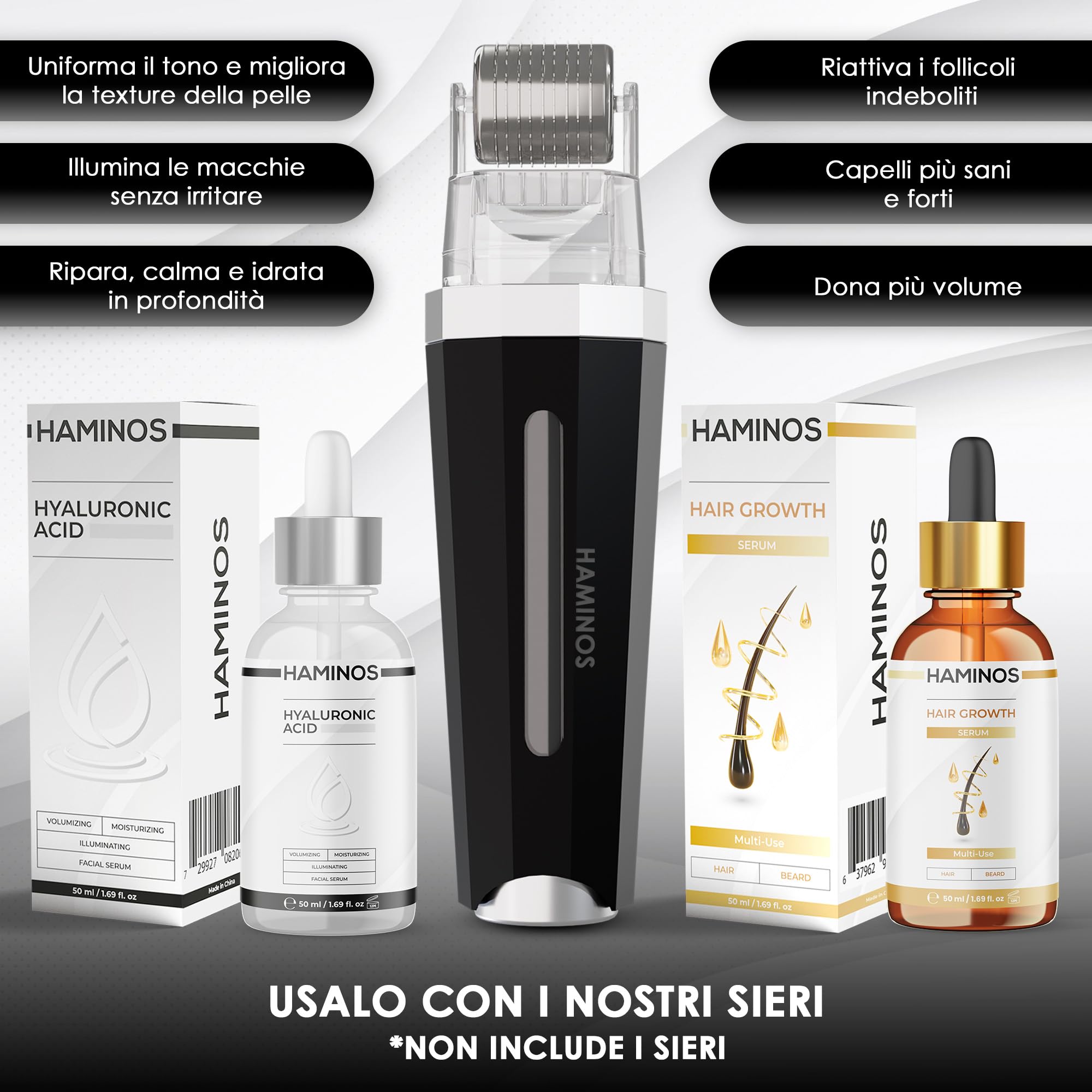 HAMINOS Derma roller 0,5 mm 3.0 con Serbatoio per Capelli, Barba, Pelle, Rughe, Smagliature, Iperpigmentazione APPLICAZIONE DEL SIERO ISTANTANEO, 520 aghi in titanio