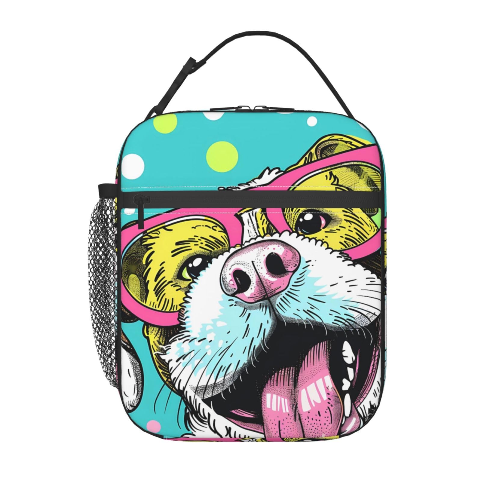 Dusviba Funny Dog Glasses Pattern Insulated Kids Lunch Bag for Boys Girls, Reusable Lightweight Lunchbox, Thermal Cooler Lunch Tote with Handle Strap for School Travel Picnic Beach