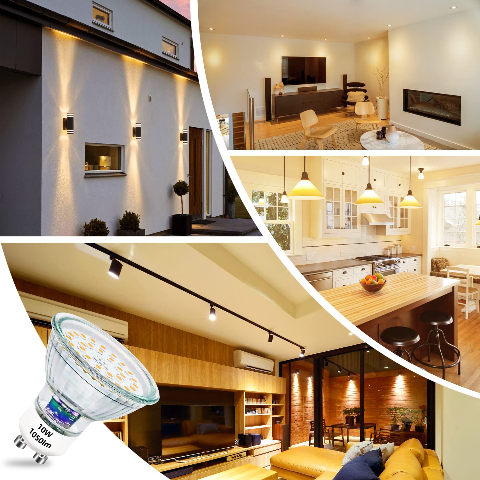 Lampadina LED GU10 Bianco Caldo 10W, GU10 LED Lampadine Equivalente alogeno 100W alogena Base 3000K Vetro 1050LM Lampada luminosa 230V Angolo astratto 120° Non dimmerabile 10 Pezzi