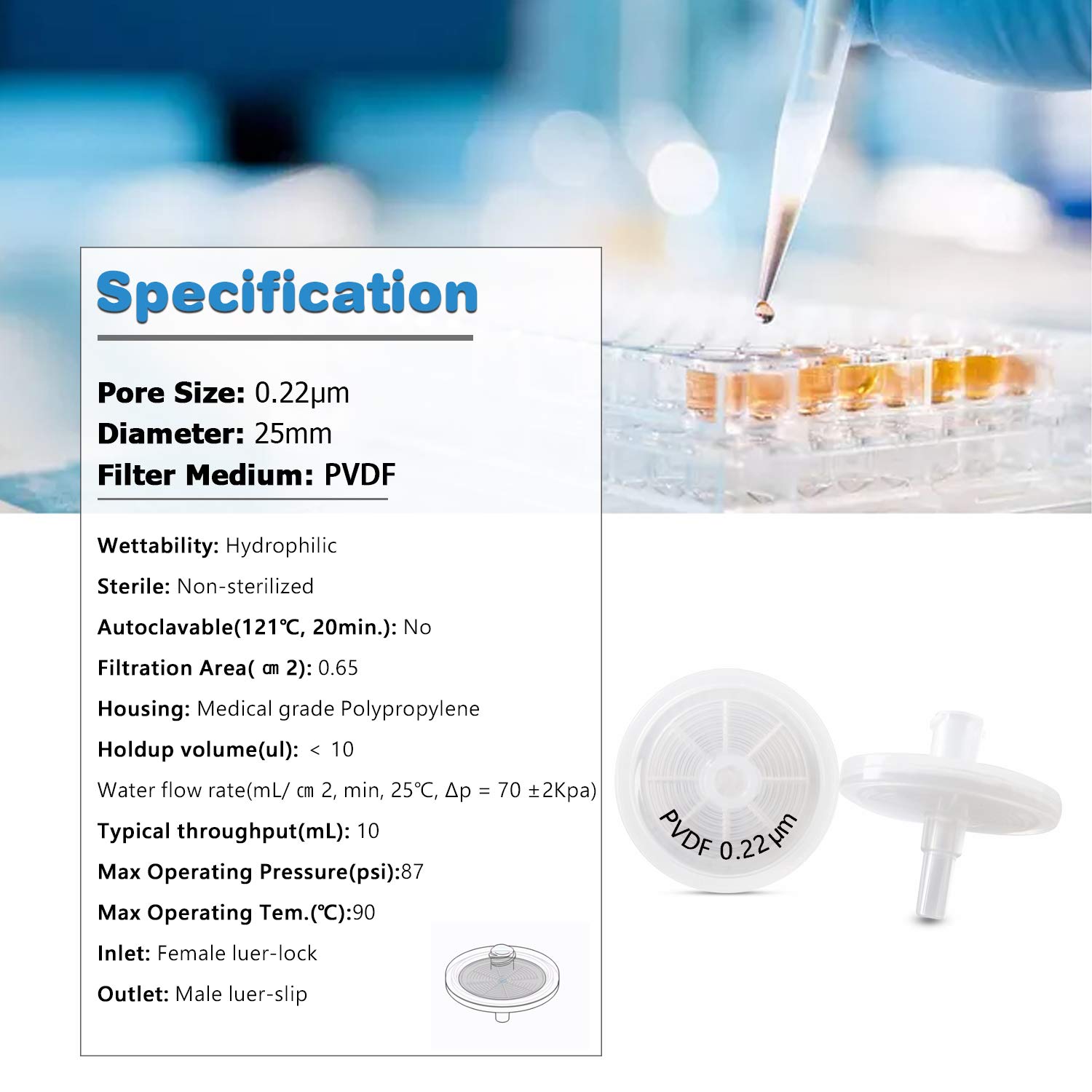 Filtres à seringue hydrophile PVDF 25 mm [boîte de 100pcs], PVDF-25mm-0.22μm, PVDF 25 mm - 0,22 µm.
