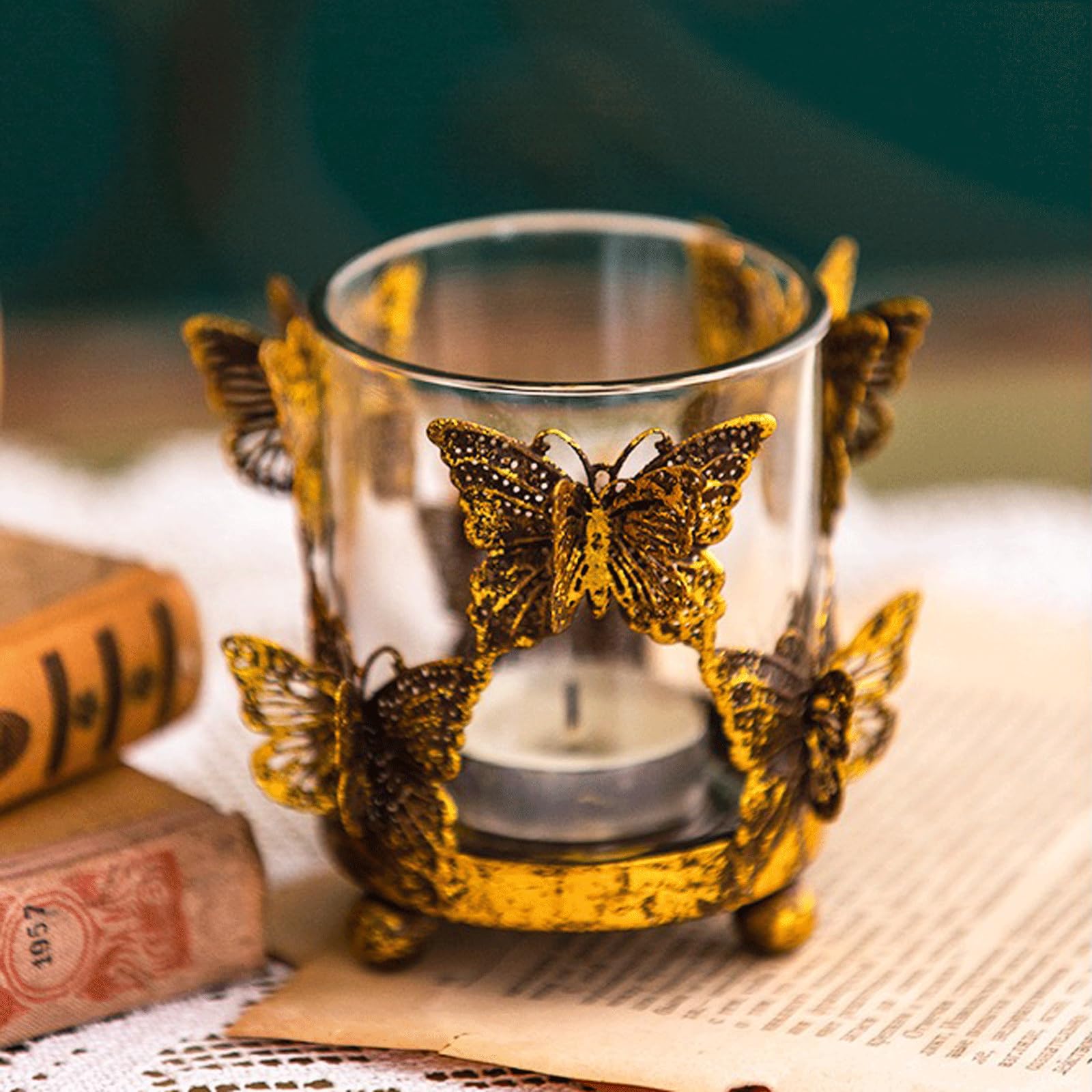 Portavelas de cristal dorado y hierro para decoración del hogar, 7 x 7 x 9,8 cm, ligero, 300 g, para centro de mesa, candelabro, candelabro, regalo para casa nueva