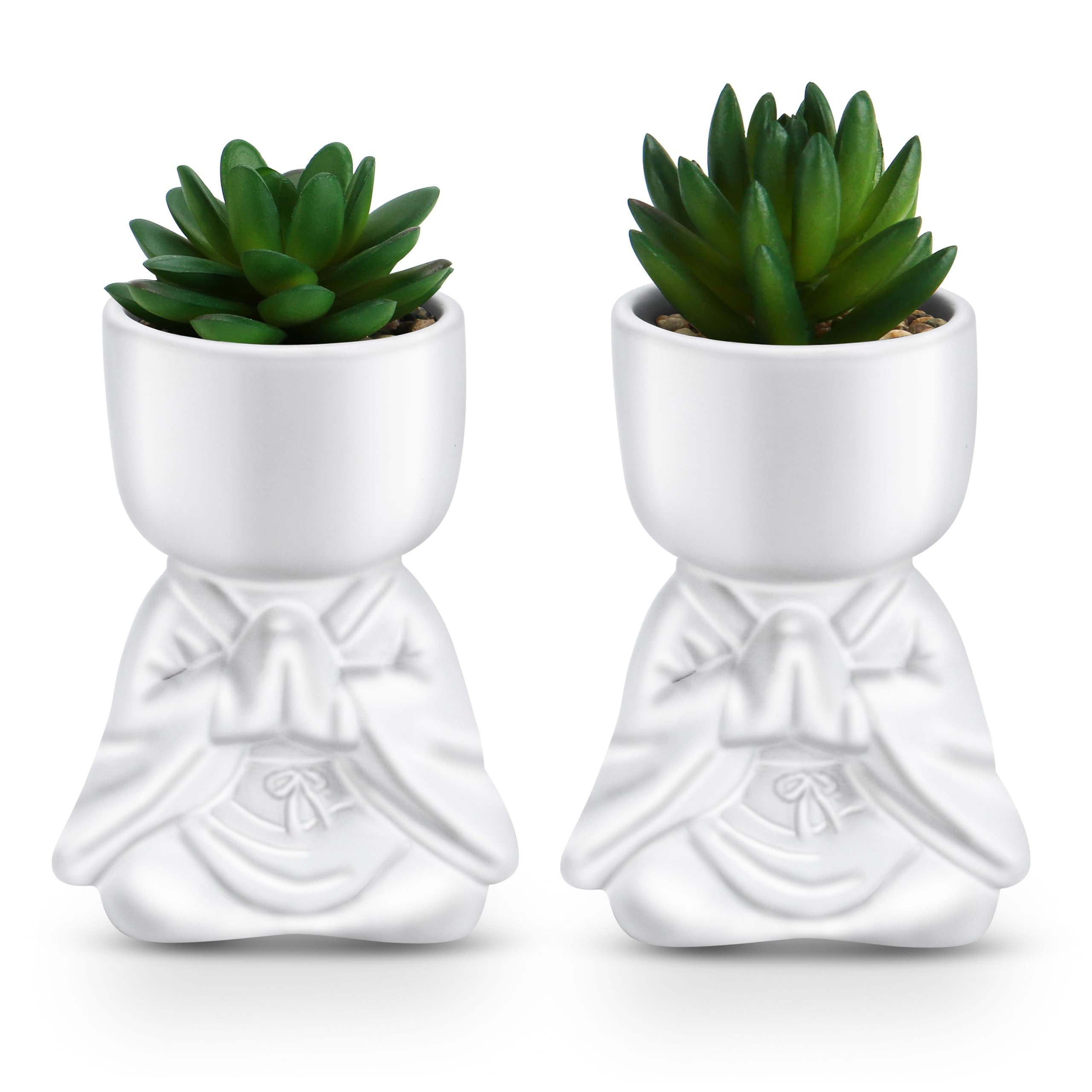 Fake Succulents Plants Artificial with Praying Monk Shape White Ceramic Pot for Bathroom Bedroom Home Office Desk Shower Decor Aesthetic Indoor - Set of 2