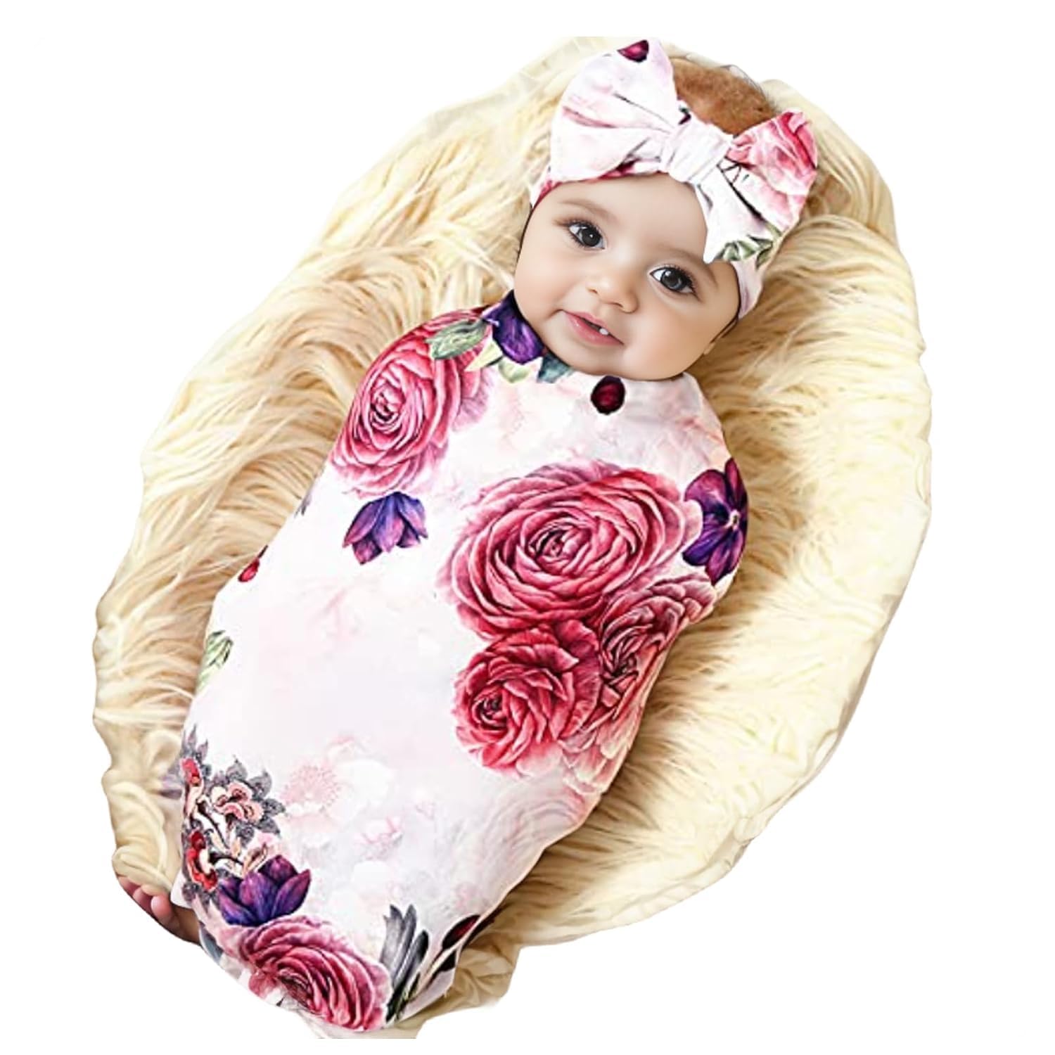 Galabloomer Newborn Receiving Blanket Headband Set Baby Flower Swaddle Heather Rose