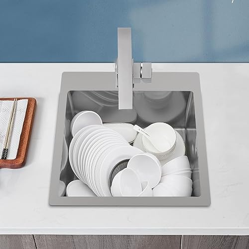 Vista 16 de Fregadero de cocina negro de acero inoxidable de 18 x 18 pulgadas, montaje superior, fregadero de cocina y bar, juego de fregadero de un solo tazón
