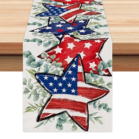 GEEORY 4th of July Decorations Eucalyptus Table Runner 13x72 Inch America Stars and Stripes Table Runners Patriotic Runners Memorial Day Decor for Indoor Outdoor Dinner Party Decor GT092