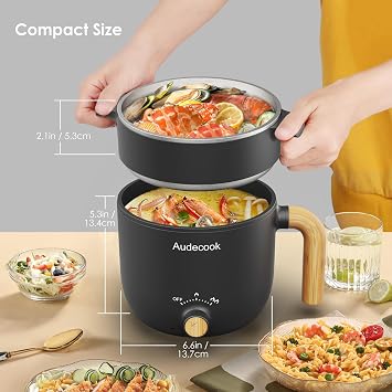 Audecook Electric Hot Pot with Steamer, 1.5L Portable Non-Stick Mini Multifunctional Cooker, Travel Electric Skillet with Dual Power Control for Ramen Noodles/Pasta/Egg/Soup/Oatmeal (Black)