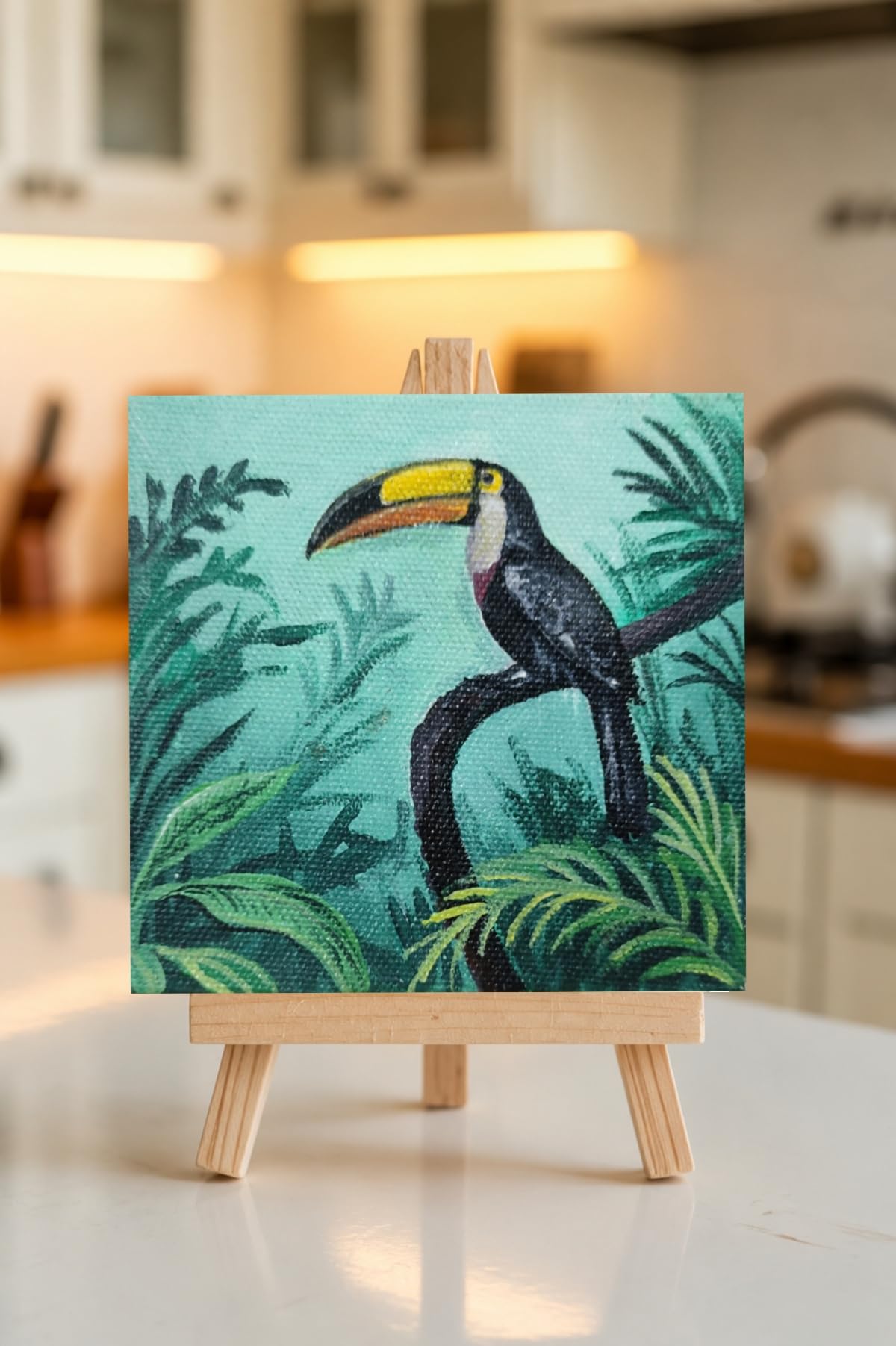 Mini Acrylic Toucan Painting with Wooden Easel Stand, 4x4 inch | Bird painting , Canvas Painting, Tabletop Display, wild bird art, Hand Painted-image-13