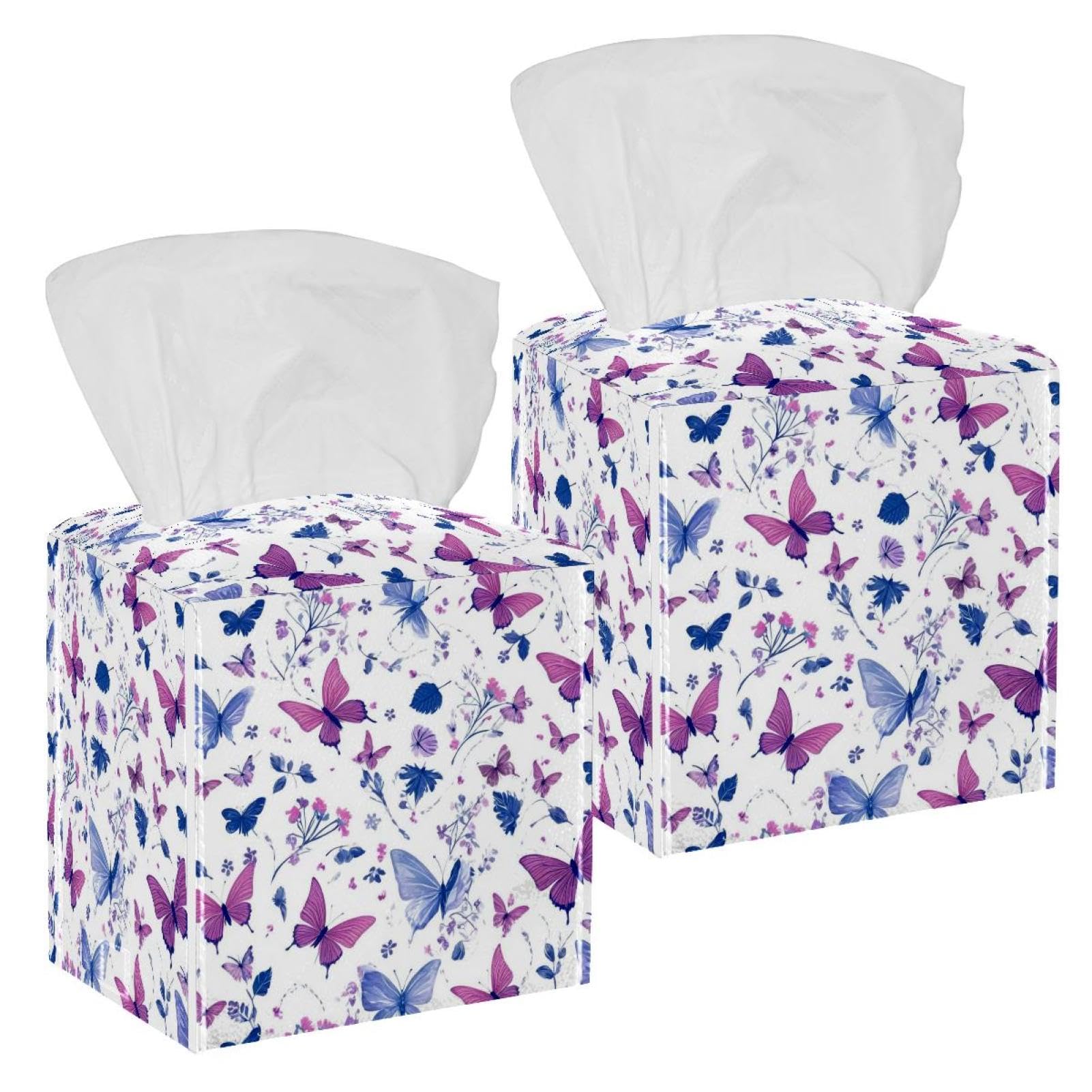 Aesthetic Butterfly Tissue Box Cover, 2 Pack PU Leather Square Facial Tissue Dispenser Box holder for Home Office Car