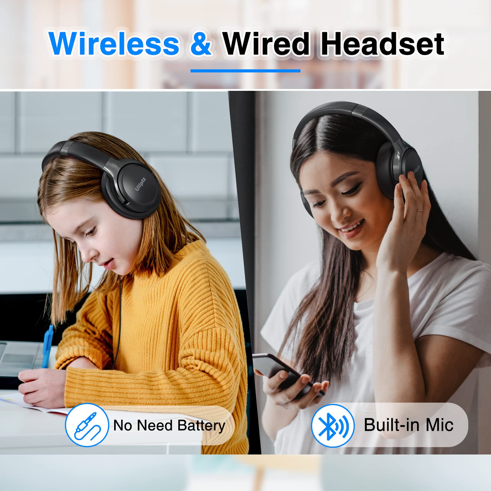 Uliptz Cuffie Wireless Bluetooth, 65 Ore Riproduzione, 6 EQ, Stereo HiFi Over Ear con Microfono, Bluetooth 6.0, Nero