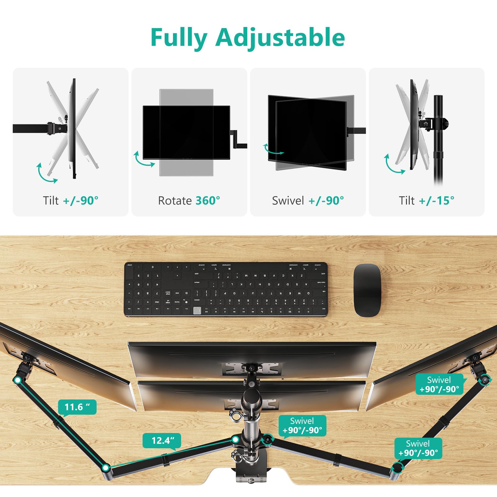 WALI Soporte de monitor cuádruple para pantallas de 17 a 27 pulgadas, soporte de 4 monitores totalmente ajustable con giro, inclinación, rotación, abrazadera y kit de base de ojales, carga máxima de