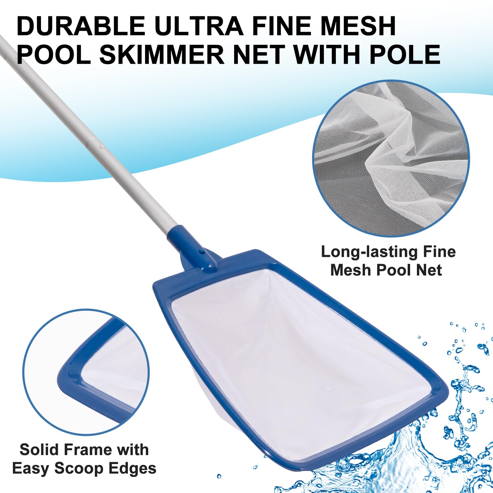 POOLAZA Épuisette Piscine avec Perche, épuisette Piscine à Maille Ultra-Fine, épuisette Semi-Profonde avec Perche Aluminium épaissi 173 cm, pour Piscine sur Terrain élevé, Spa et Bain à remoulement