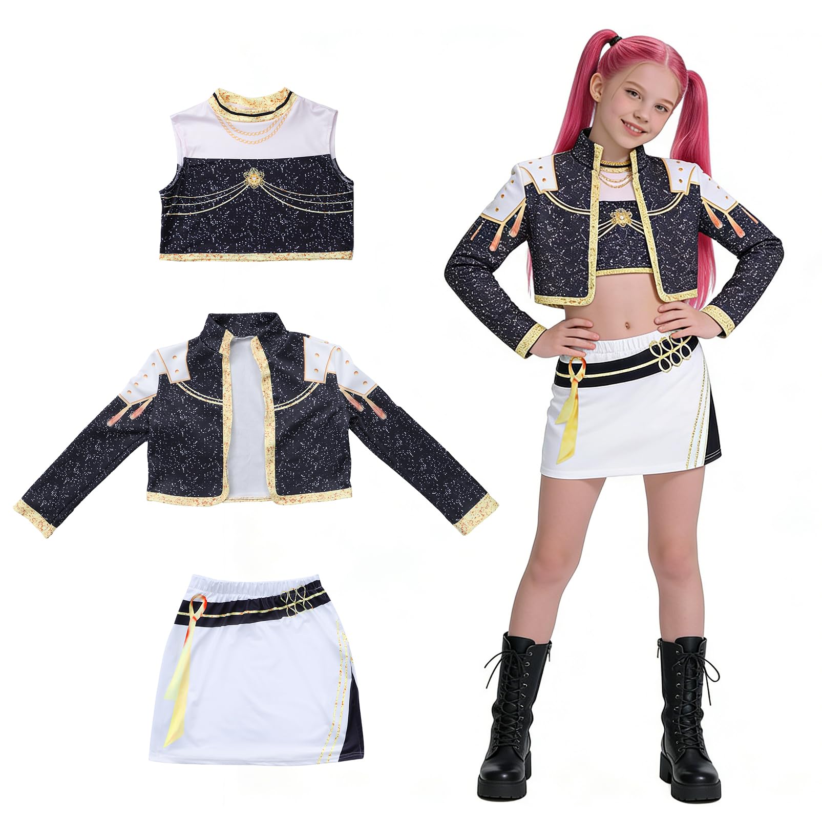 Oirigaga Korean Pop Idol Kostüm Kinder Mädchen, Huntrix Cosplay Set mit Jacke Tanktop Minirock, Anime Hunter-Stil Verkleidung für Karneval Fasching und Kinderrollenspiele Geburtstagsparty, 6-7 Jahre