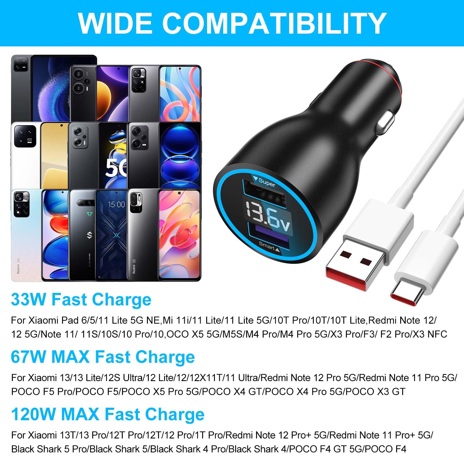 ACAGET 120W Caricabatterie Auto USB per Xiaomi 17 15 14 Ultra 17T 15 14 Pro | Caricatore Auto Rapido Charge con Cavo USB C 1M per Redmi Note 15 14 13 12 11S Pro per Turbo-Charge per POCO F8 X7 X6 M6 Pro