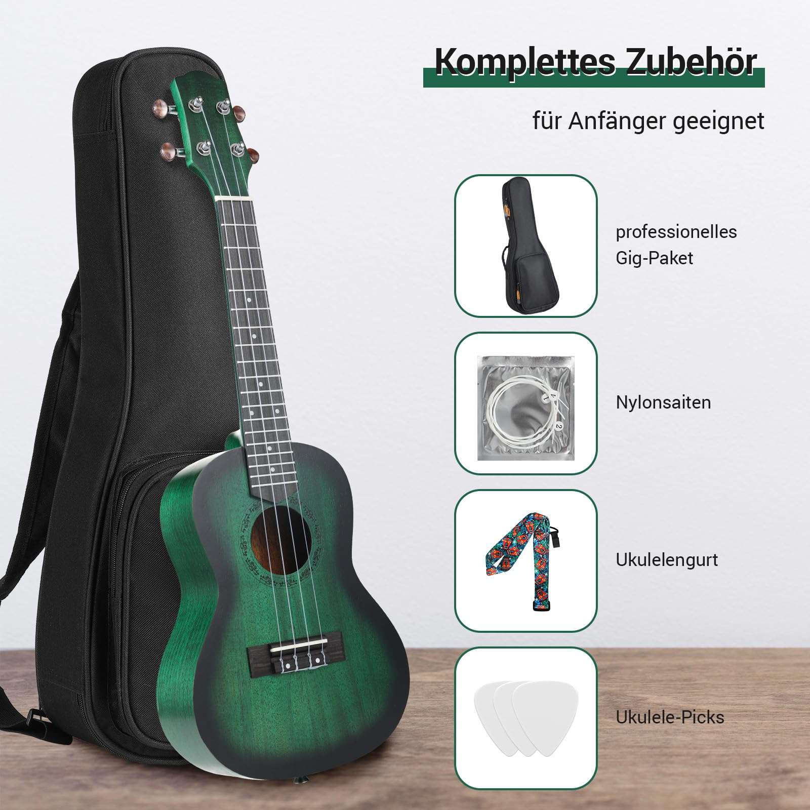 Ukulele Adulti Bambini, Ukulele Soprano da 21 Pollici, Ukulele Concerto Artigianale, Chitarra Hawaiana in Legno di Mogano con Plettri a Tracolla Professionale Borsa, Ukulele Bambini da 6 Anni, Verde