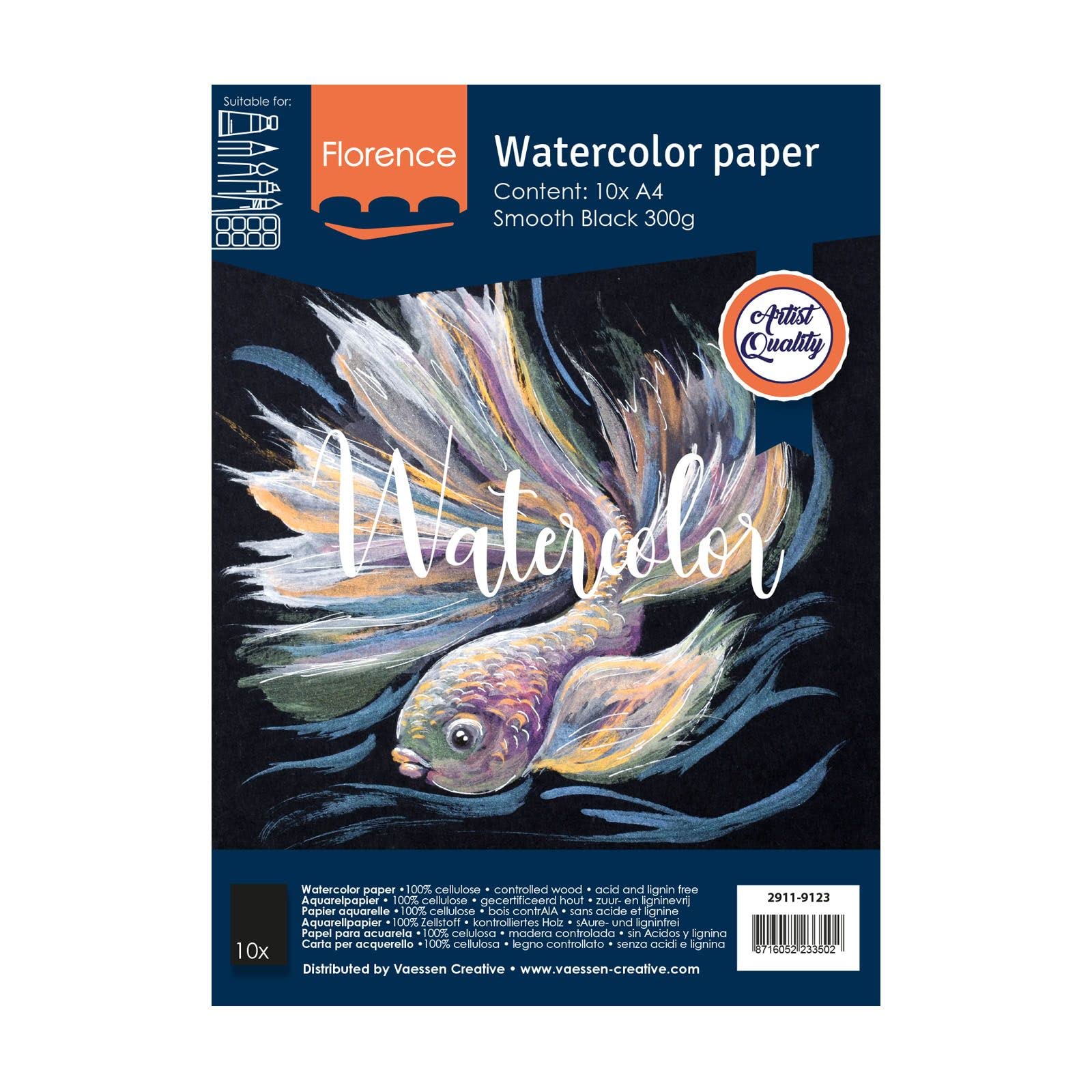 Florence Watercolour Paper Smooth - Aquarelle Paper for Water Paint A4 - Black - Drawing Pad and Art Book for Drawing, Art Paper and Watercolour - 300 GSM