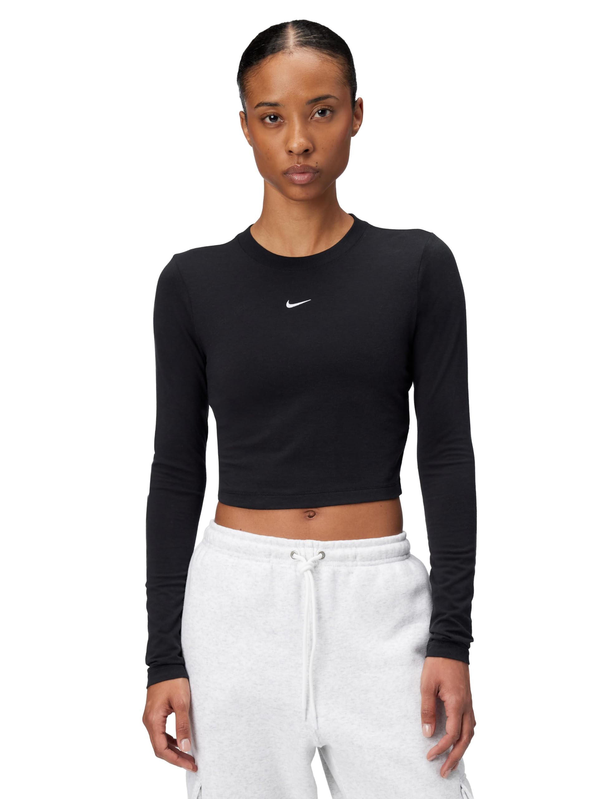 Nike Women's Sportswear Chill Knit Slim Long-Sleeve Cropped Top, Black/White, Medium