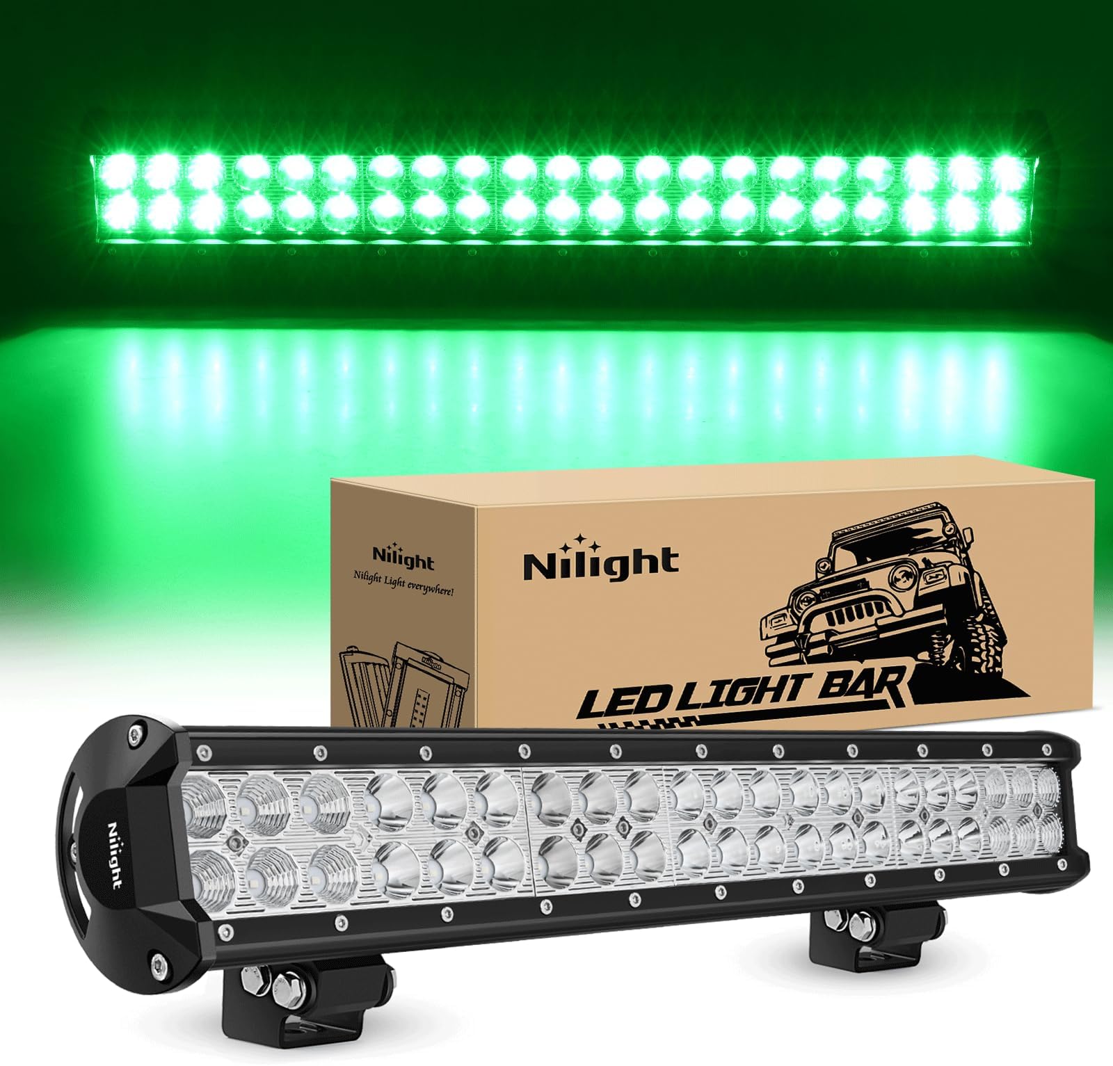 Nilight LED Light Bar 20 Inch 126W Spot Flood Combo Green Beam Off Road Lamp Fishing Hunting Emergency Deck Work Lighting for Trucks UTV Pick-up Van Boat Tractor