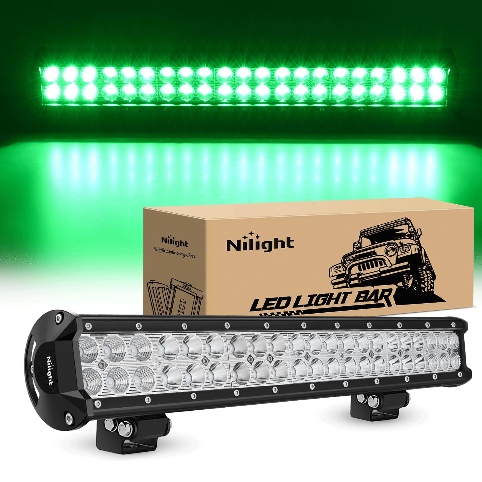 LED Light Bar 20 Inch 126W Spot Flood Combo Green Beam Off Road Lamp Fishing Hunting Emergency Deck Work Lighting for Trucks UTV Pick-up Van Boat Tractor