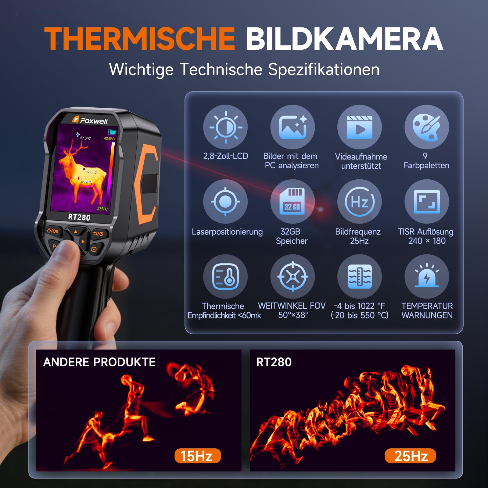 FOXWELL Wärmebildkamera RT280, 320 X 240 2,8“ LCD Bildschirm tragbare Thermal Camera, 240x180 TISR-Auflösung, -20°C bis 550°C, 25Hz Wärmekamera mit Laser, 8GB, PC-Analyse, Videoaufzeichnung(320*240)