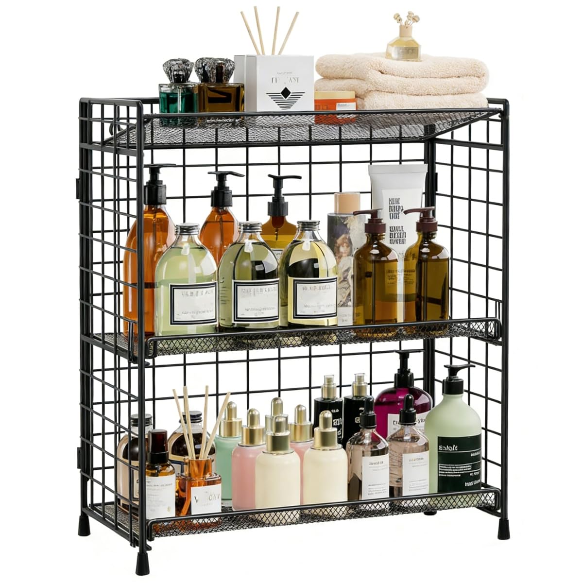 Bathroom Counter Storage Organizer, 3 tier Flodable Perfume Make up Organizers for Vanity, Installation-free Metal Seasoning Shelf Spice Rack for Countertop, Kitchen, Cabinet, Bedroom, RVs