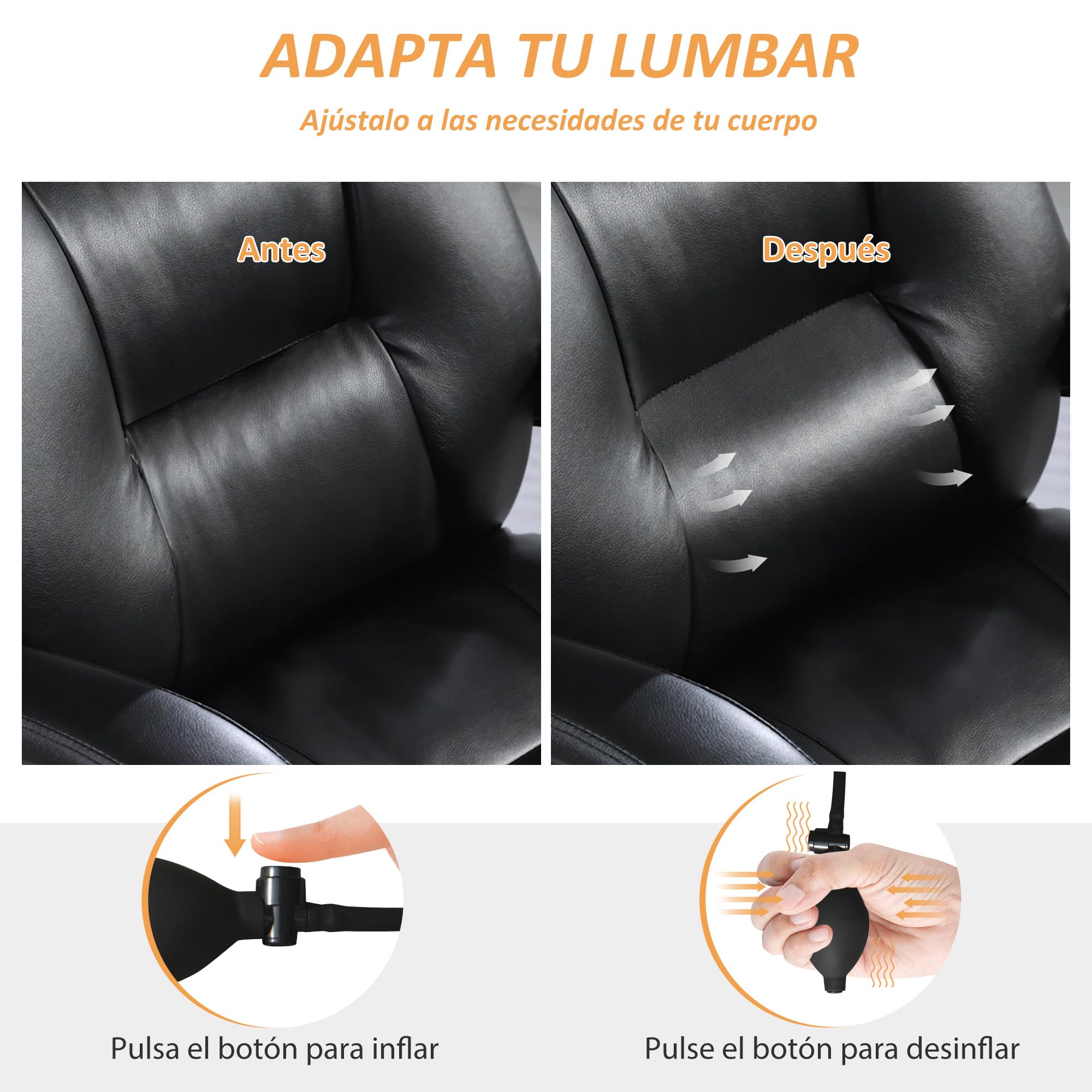 HOMCOM Silla de Escritorio con Soporte Lumbar Inflable, Tapizada en PU, Silla de Oficina Giratoria con Reposapiés, Respaldo Reclinable, Respaldo Alto, Altura Ajustable, Negro