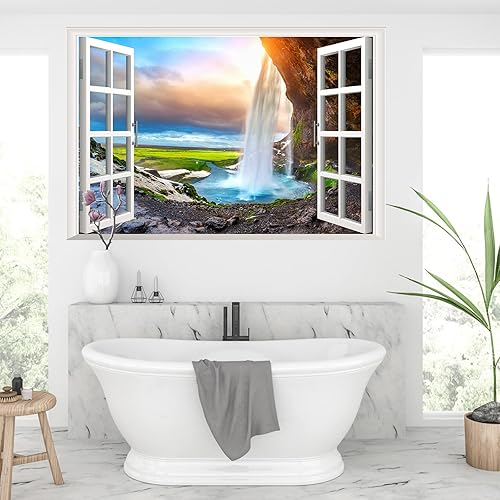 Miniatura 3 de Calcomanías de pared falsas 3D de cascada de bosque, mural de montaña natural, calcomanías de pared para sala de estar, dormitorio, comedor,