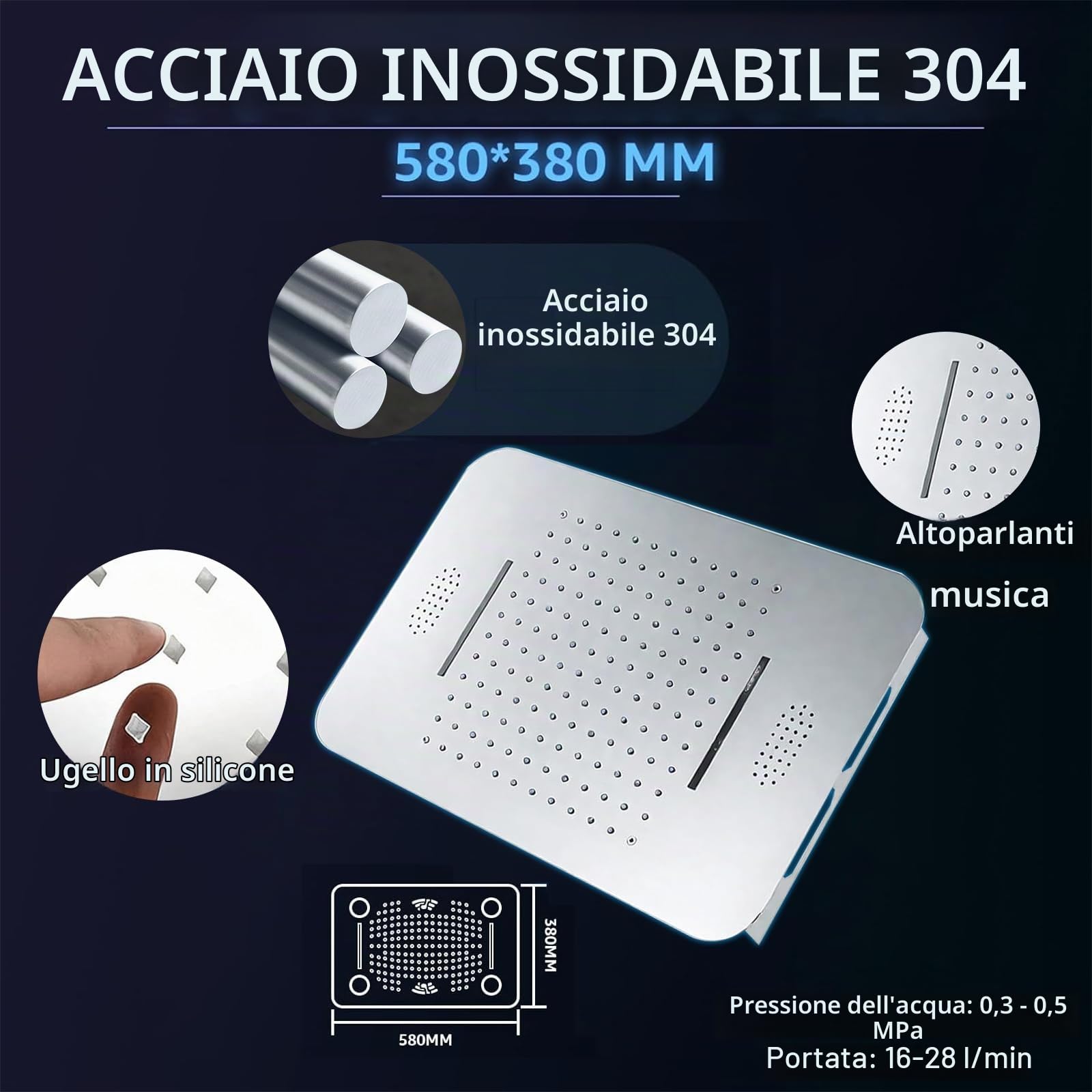 Colonna Doccia Cromo Incassato Sistema Doccia Musicale 64 Colori LED Set, Multifunzionale Set doccia, 55x38cm sistemi doccia a pioggia a spruzzo, 6pcs getti spa per bagno, Doccia a Mano