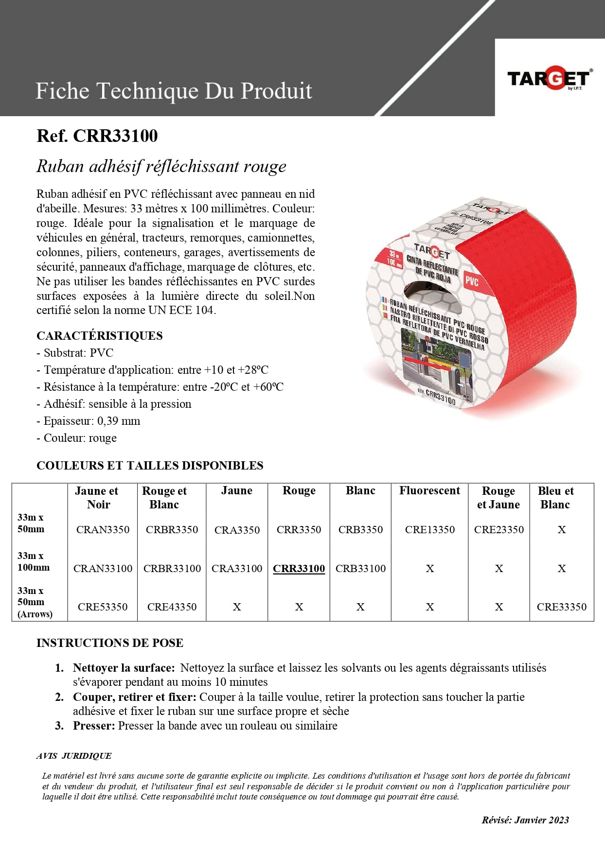 TARGET CRR33100 - Cinta Reflectante - Adhesiva - 33 Metros x 100 Milímetros - Advertencia - Señalización - Marcaje - Extra Ancha - Peligro - Seguridad - Roja