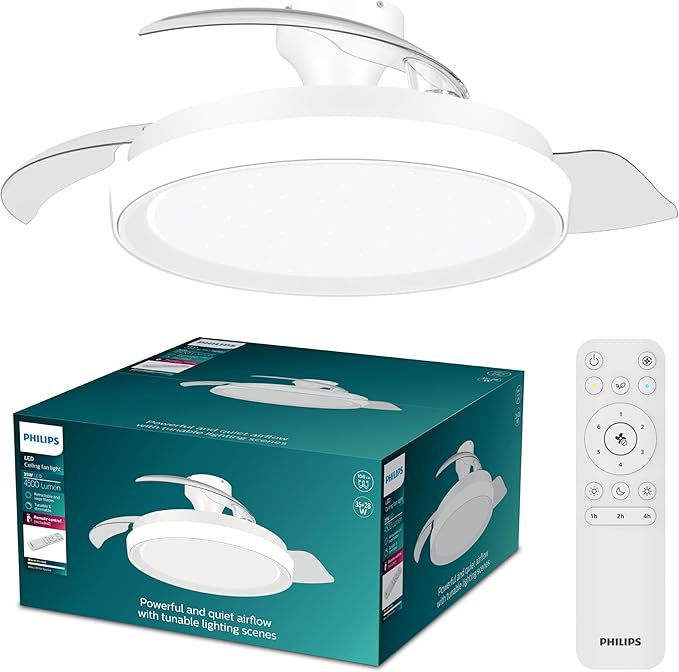 Philips Bliss Lámpara de Techo con Ventilador Aspas Retráctiles LED, 3 Aspas, 106 Cm Envergadura, 4500 Lúmenes, Luz Blanca Ajustable 3000 K a 6500 K, Regulable a 5%, Mando a Distancia, Brillo Blanco en oferta en Amazon