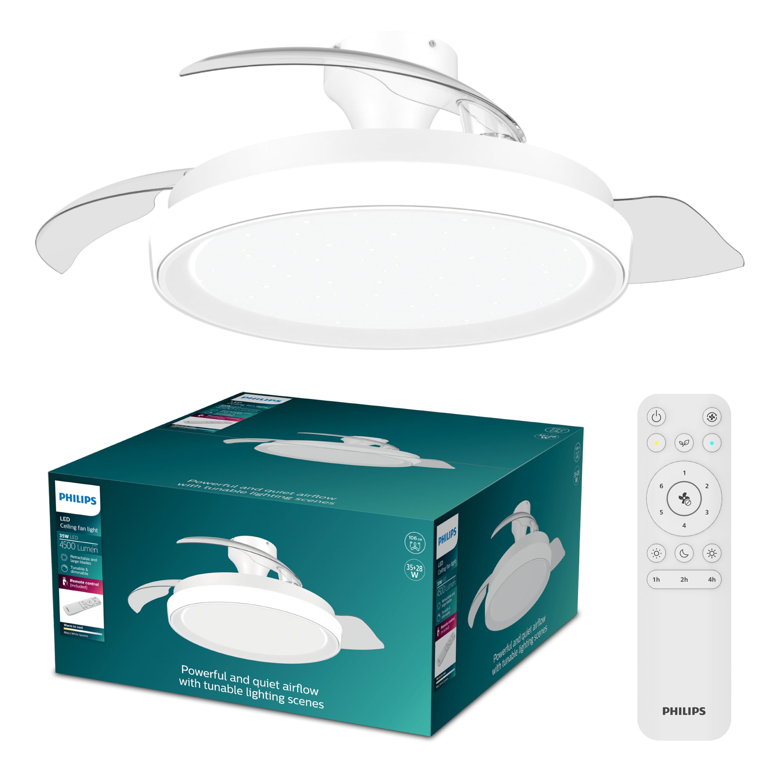 Chowany Wentylator Sufitowy Philips Bliss z Oświetleniem LED, 3 Łopatki, 106 cm, 4500 Lumenów, Regulowana Barwa 3000–6500 K, Przyciemnianie do 5%, Pilot, Biały Sparkle